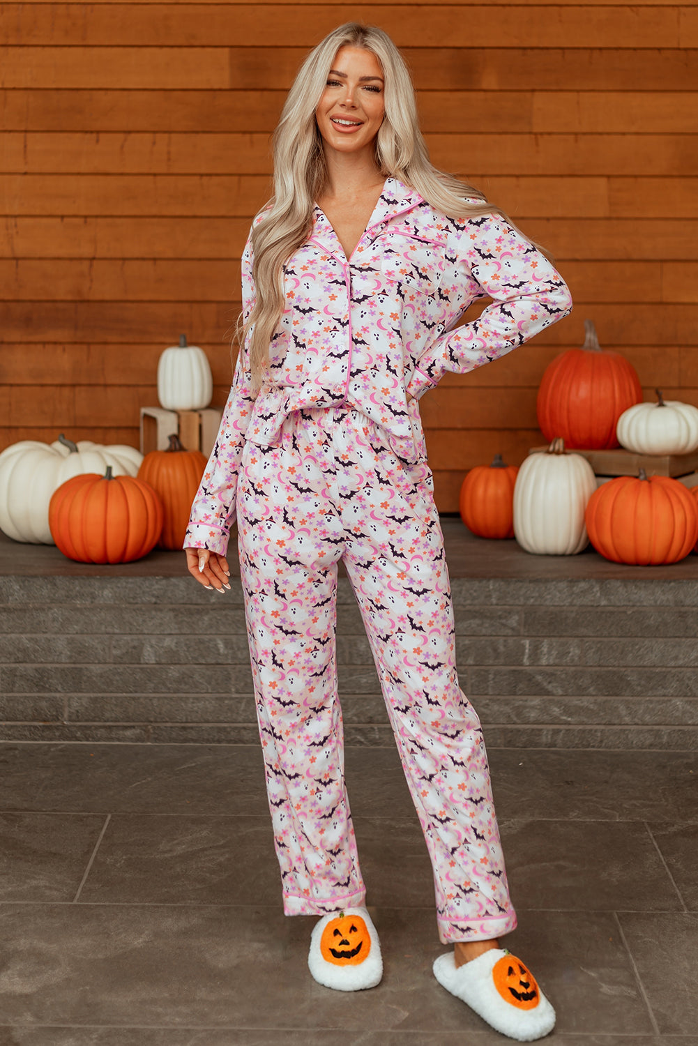 Pink Halloween Eve Haunted Honey Bat Print Pajama Set-Loungewear & Sleepwear/Sleepwear-[Adult]-[Female]-2022 Online Blue Zone Planet