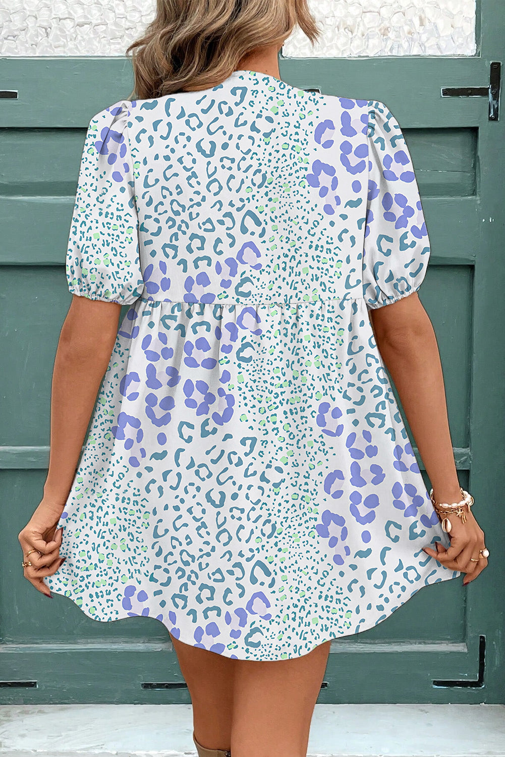 Sky Blue Leopard Contrast Bow Puff Sleeve Mini Dress-TOPS / DRESSES-[Adult]-[Female]-2022 Online Blue Zone Planet