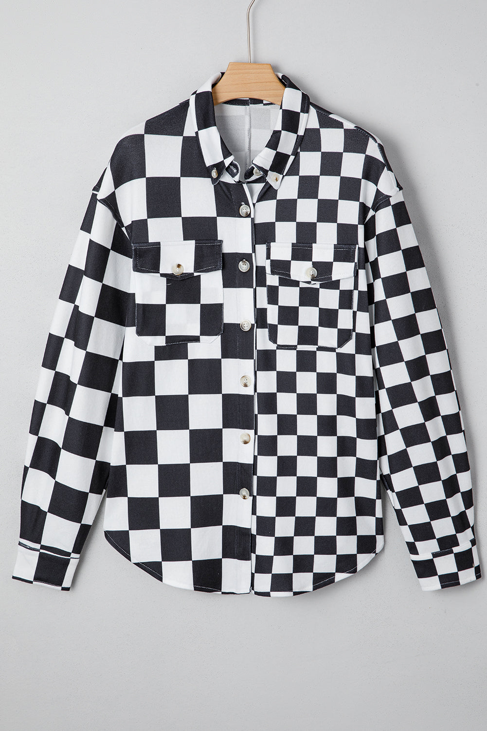 Black Checkerboard Flap Pocket Button Front Shacket-Outerwear/Plaid Shackets-[Adult]-[Female]-2022 Online Blue Zone Planet