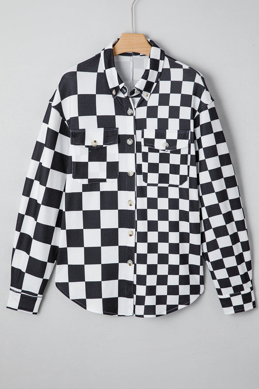 Black Checkerboard Flap Pocket Button Front Shacket-Outerwear/Plaid Shackets-[Adult]-[Female]-2022 Online Blue Zone Planet