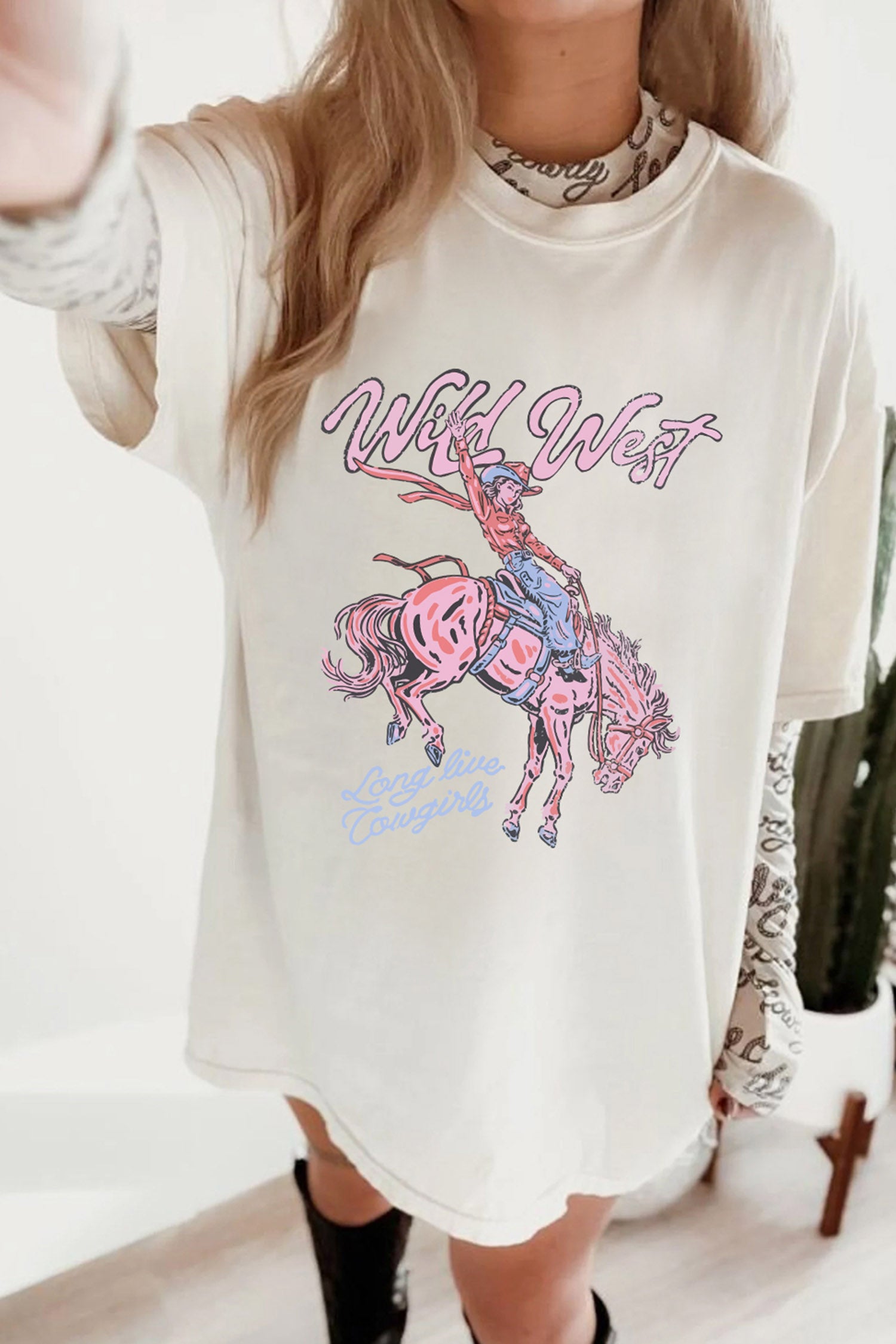 White Wild West Cowgirl Rodeo Graphic Tunic Tee-Graphic/Graphic Tees-[Adult]-[Female]-2022 Online Blue Zone Planet