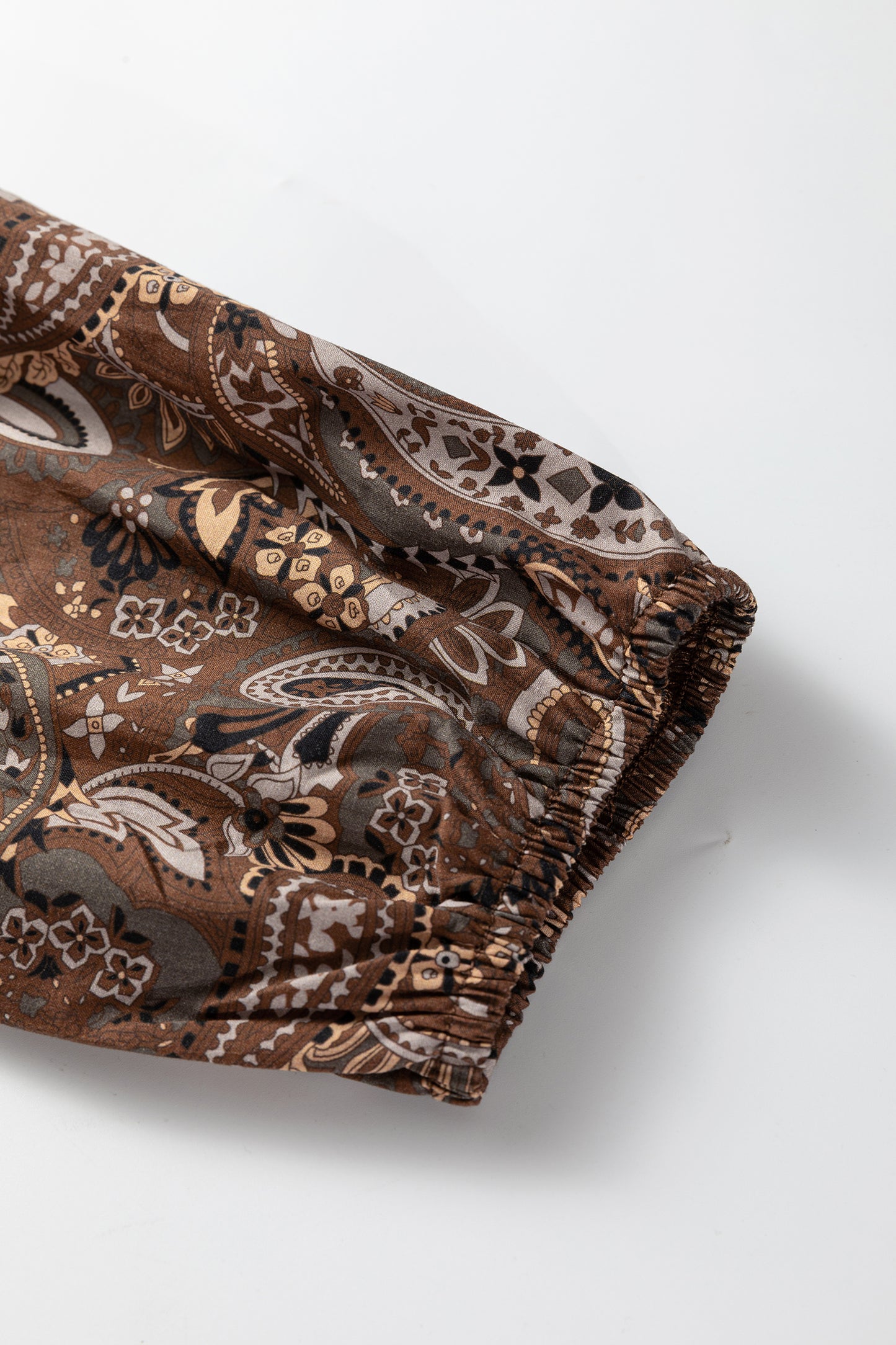 Brown Paisley Print Half Buttons Puff Sleeve Flowy Short Dress-TOPS / DRESSES-[Adult]-[Female]-2022 Online Blue Zone Planet