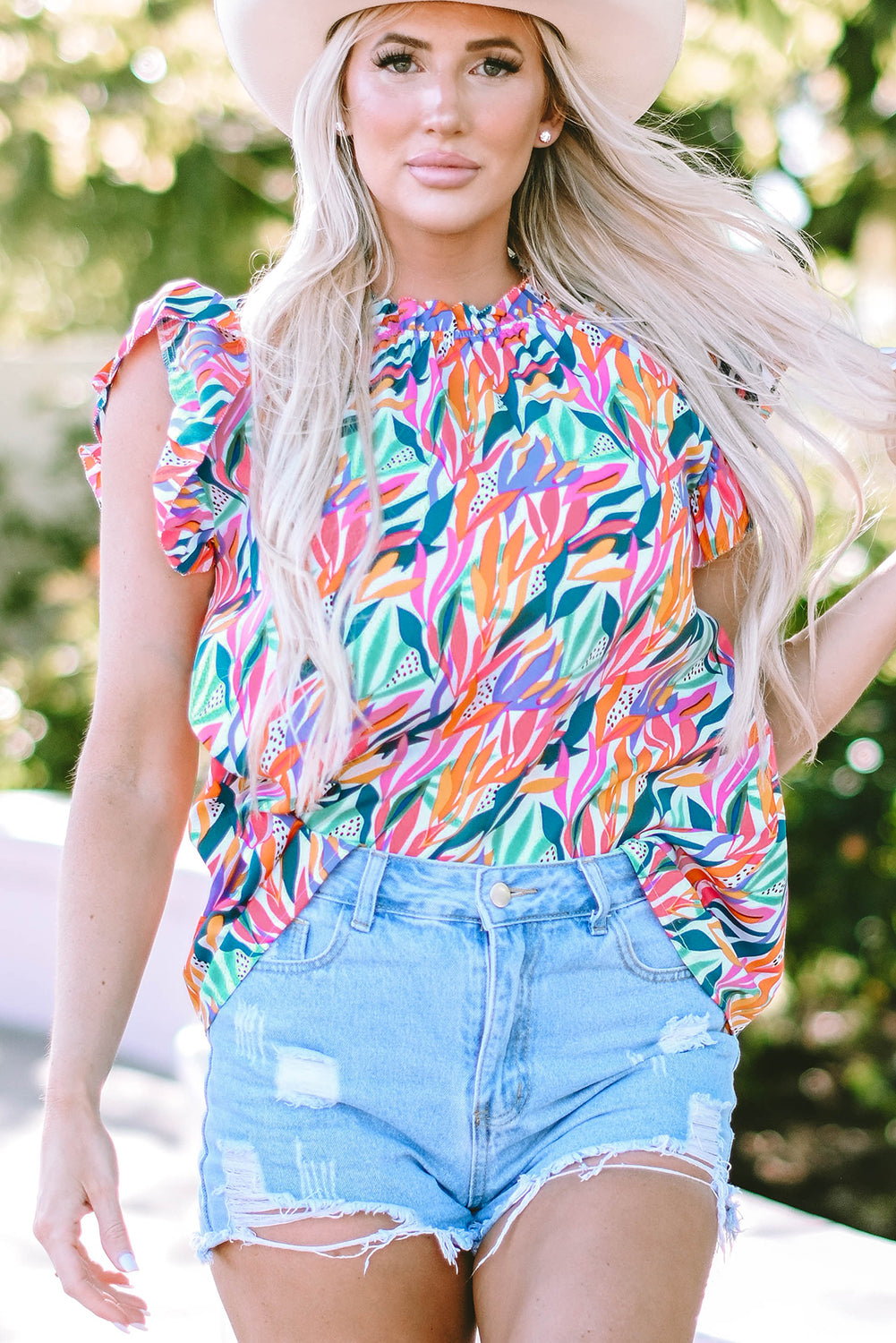Rose Red Floral Print Ruffled Flutter Sleeve Blouse-Tops/Blouses & Shirts-[Adult]-[Female]-2022 Online Blue Zone Planet