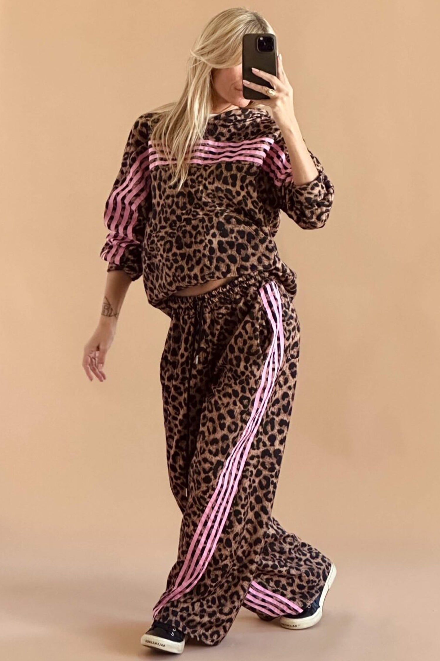 Brown Leopard Print Contrast Striped Detail Long Sleeve Top Pant Set-Two Piece Sets/Pant Sets-[Adult]-[Female]-2022 Online Blue Zone Planet