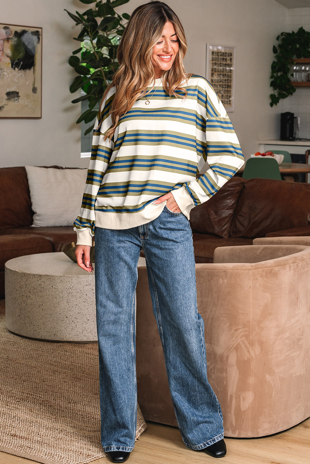 Khaki Stripe Crew Neck Drop Shoulder Pullover Sweatshirt-Tops/Sweatshirts & Hoodies-[Adult]-[Female]-2022 Online Blue Zone Planet