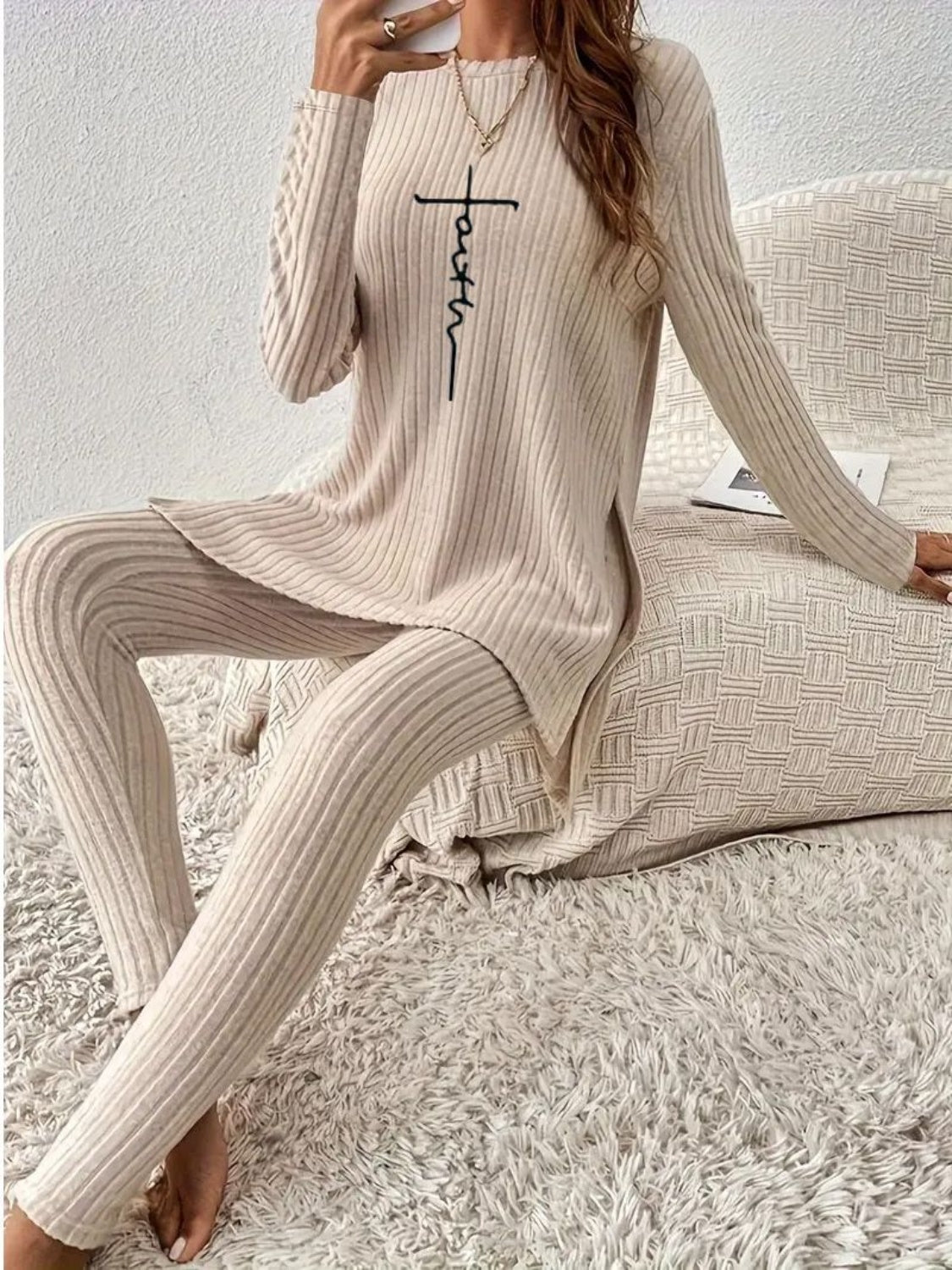 Blue Zone Planet | Side Slit Round Neck Long Sleeve Top and Pants Set-BOTTOMS SIZES SMALL MEDIUM LARGE-[Adult]-[Female]-Dust Storm-S-2022 Online Blue Zone Planet