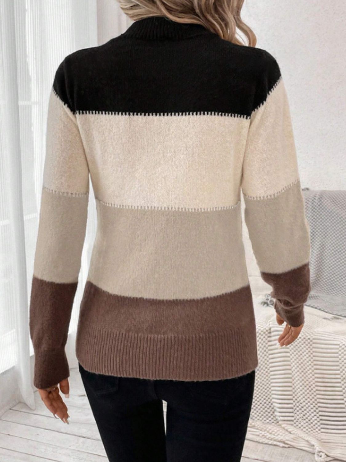 Blue Zone Planet | Color Block Mock Neck Long Sleeve Sweater-TOPS / DRESSES-[Adult]-[Female]-2022 Online Blue Zone Planet