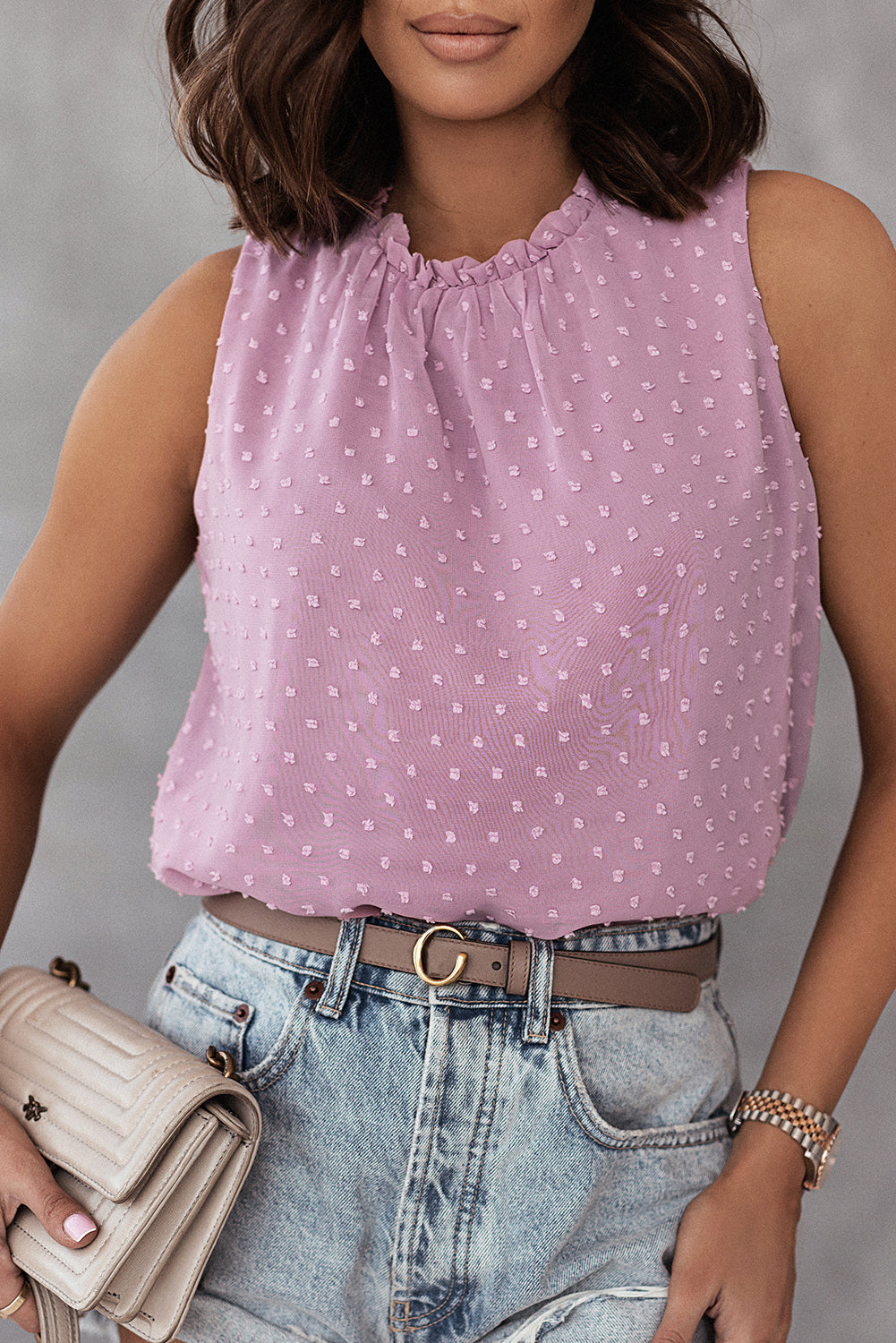 Pink Swiss Dot Sleeveless Ruffle Tank-Tops/Tank Tops-[Adult]-[Female]-Pink-S-2022 Online Blue Zone Planet