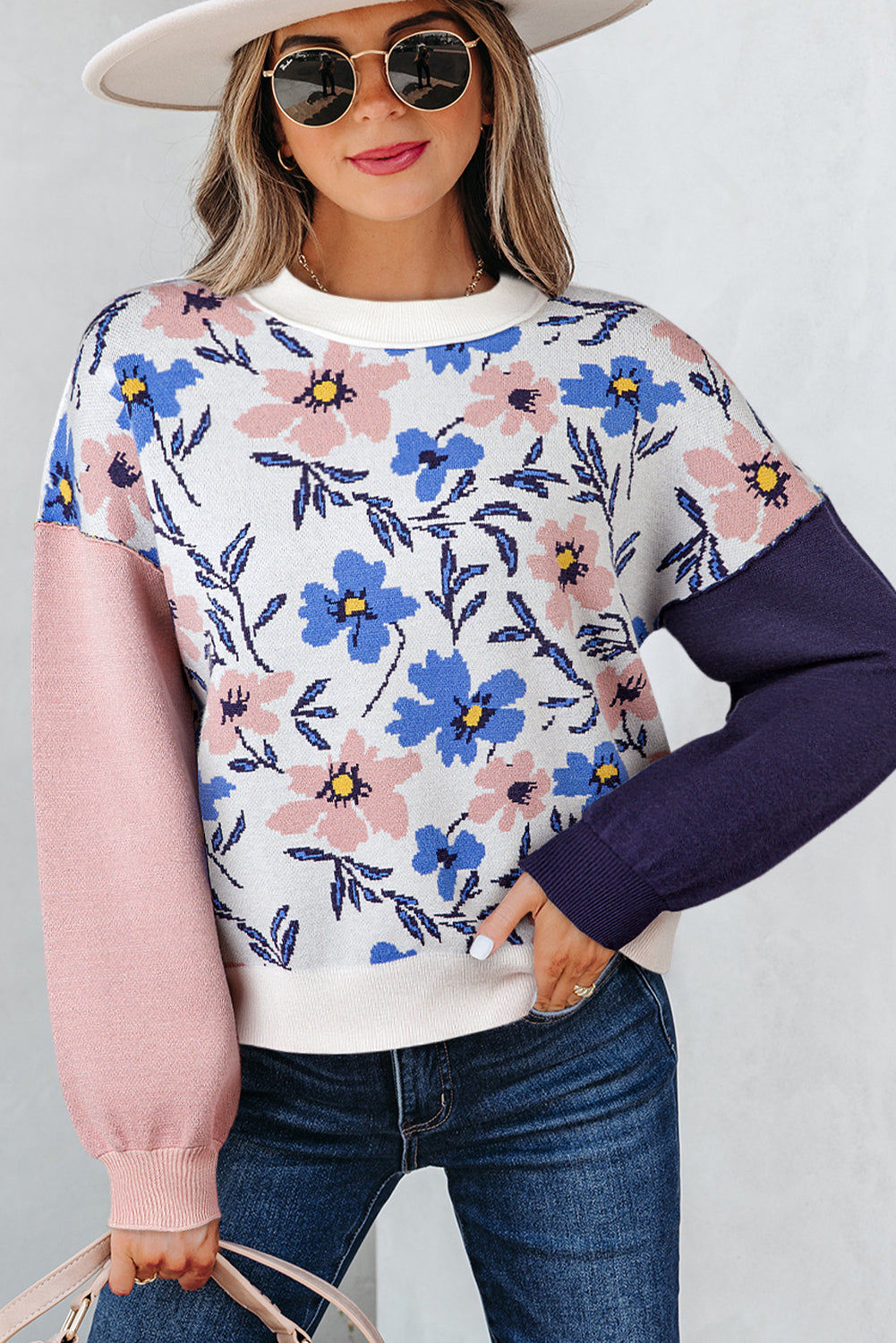 Khaki Floral Panel Colorblock Sleeve Patchwork Sweater-Sweaters & Cardigans/Sweaters-[Adult]-[Female]-2022 Online Blue Zone Planet