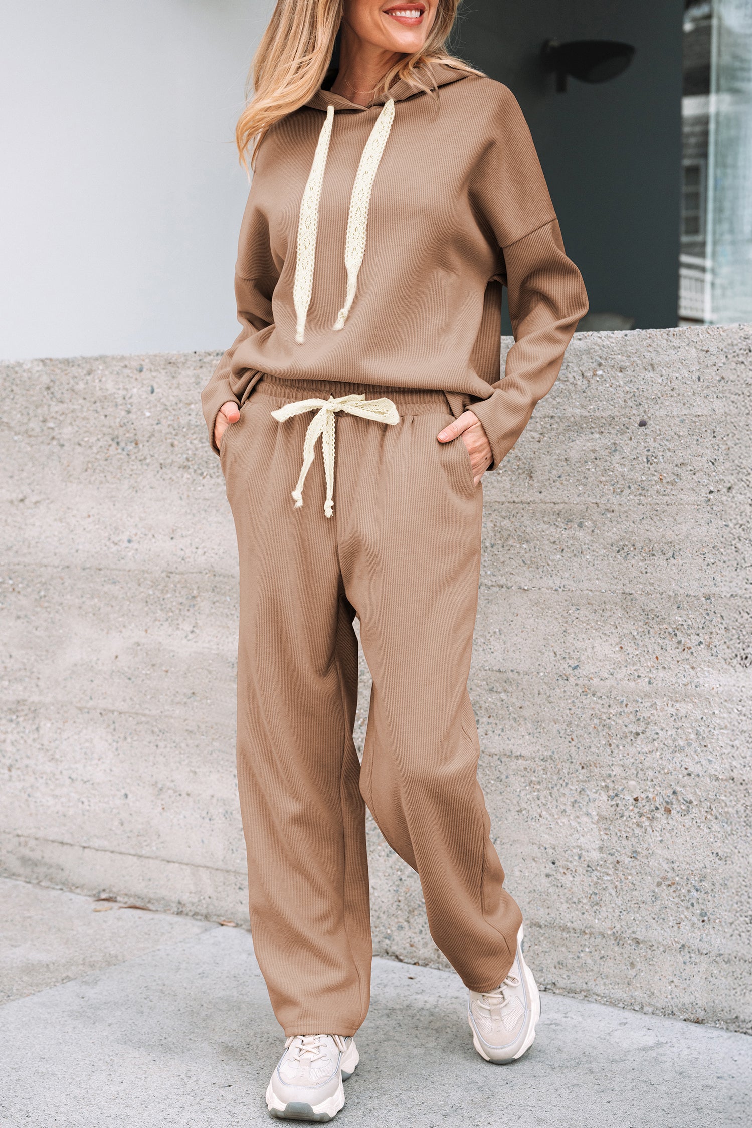 Casual Lace Drawstring Pullover Hoodie and High Waist Pants Corduroy Suit-Tops / Dresses-[Adult]-[Female]-2022 Online Blue Zone Planet