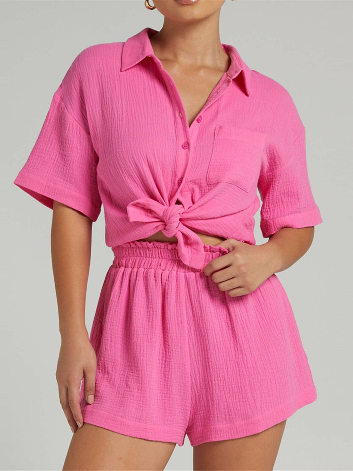 Blue Zone Planet | Texture Button Up Shirt and Shorts Set-TOPS / DRESSES-[Adult]-[Female]-Hot Pink-S-2022 Online Blue Zone Planet