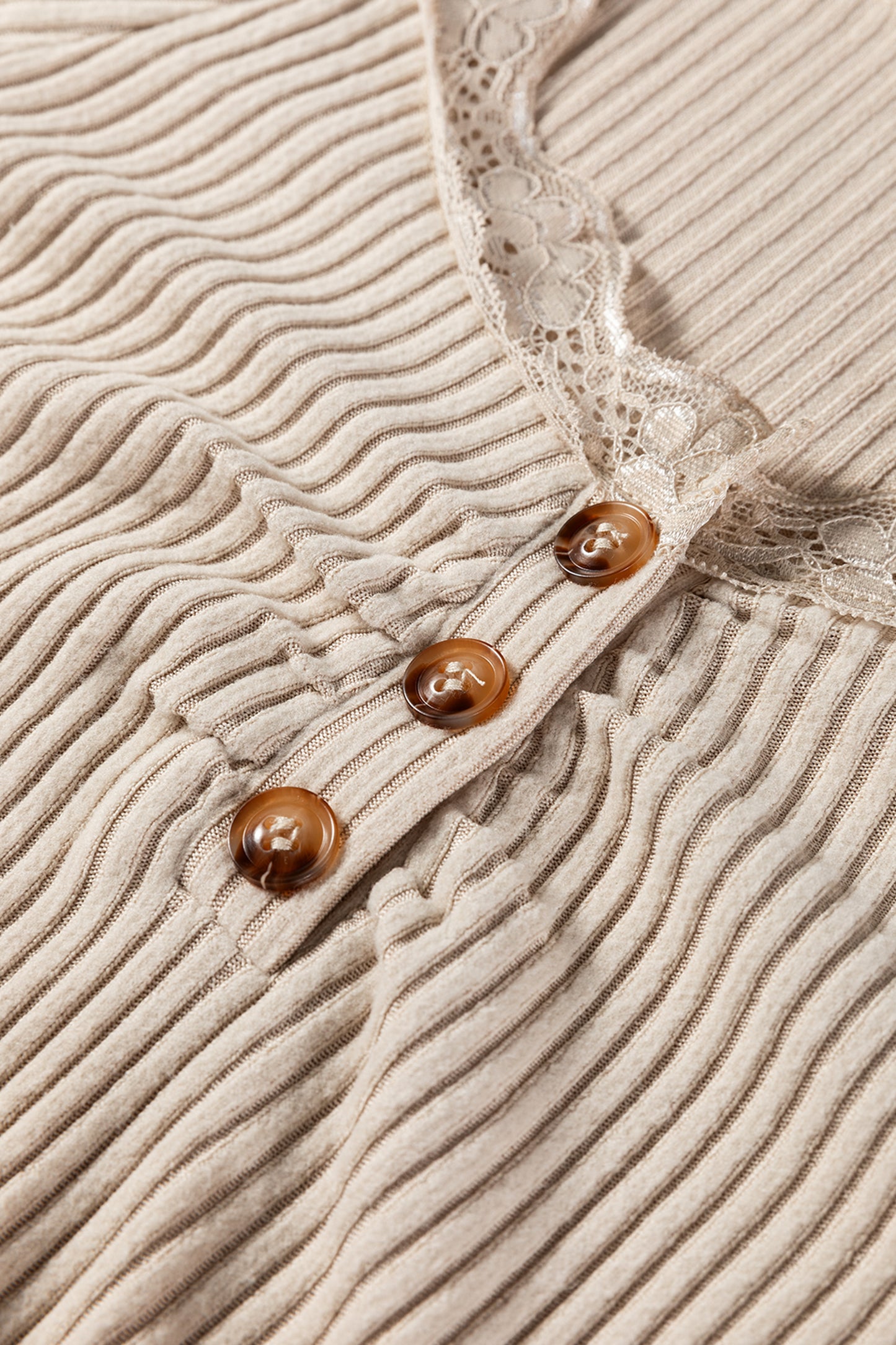 Beige Lace Neckline Button Decor Lettuce Edge Long Sleeve Ribbed Top-Tops/Long Sleeve Tops-[Adult]-[Female]-2022 Online Blue Zone Planet