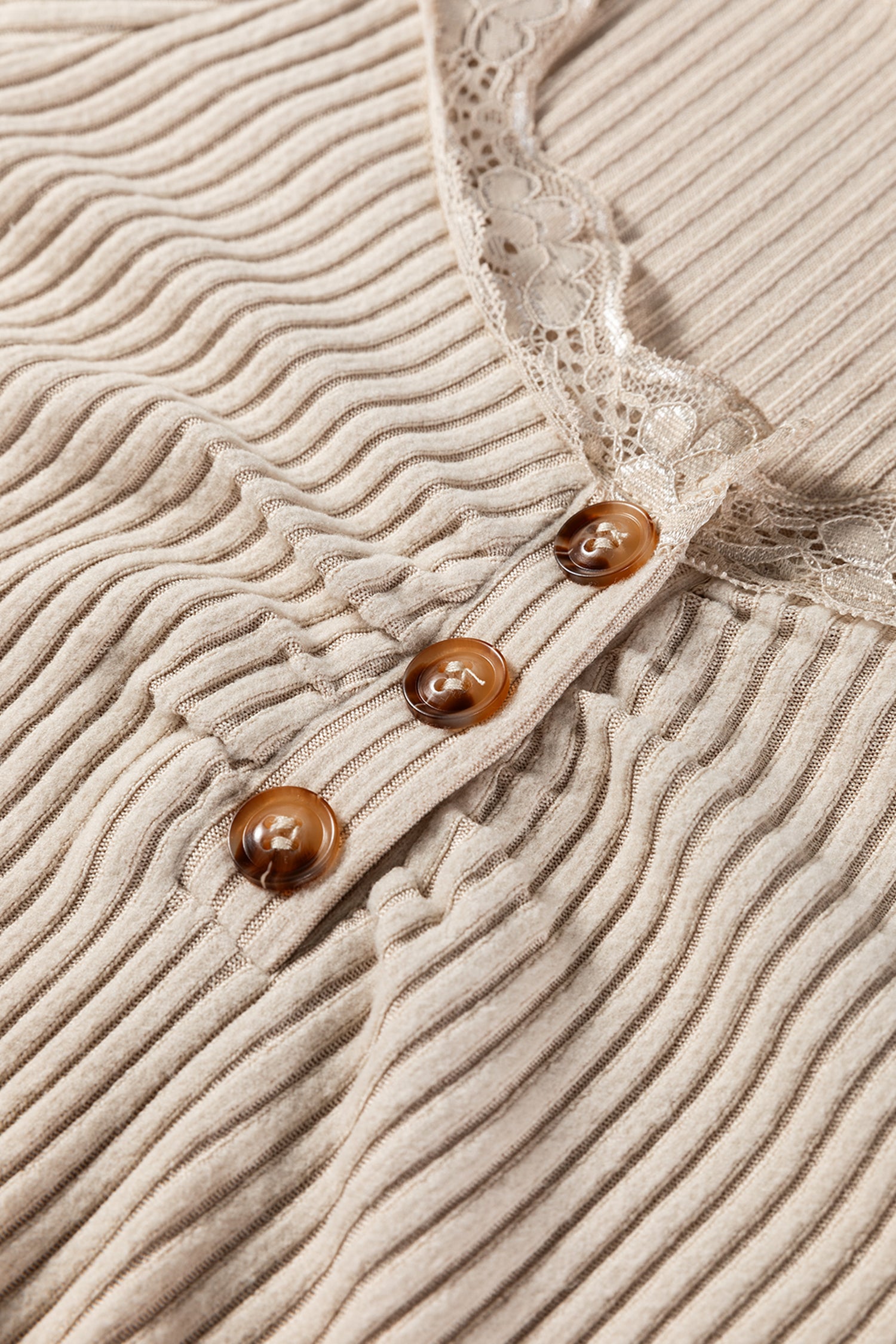Beige Lace Neckline Button Decor Lettuce Edge Long Sleeve Ribbed Top-Tops/Long Sleeve Tops-[Adult]-[Female]-2022 Online Blue Zone Planet