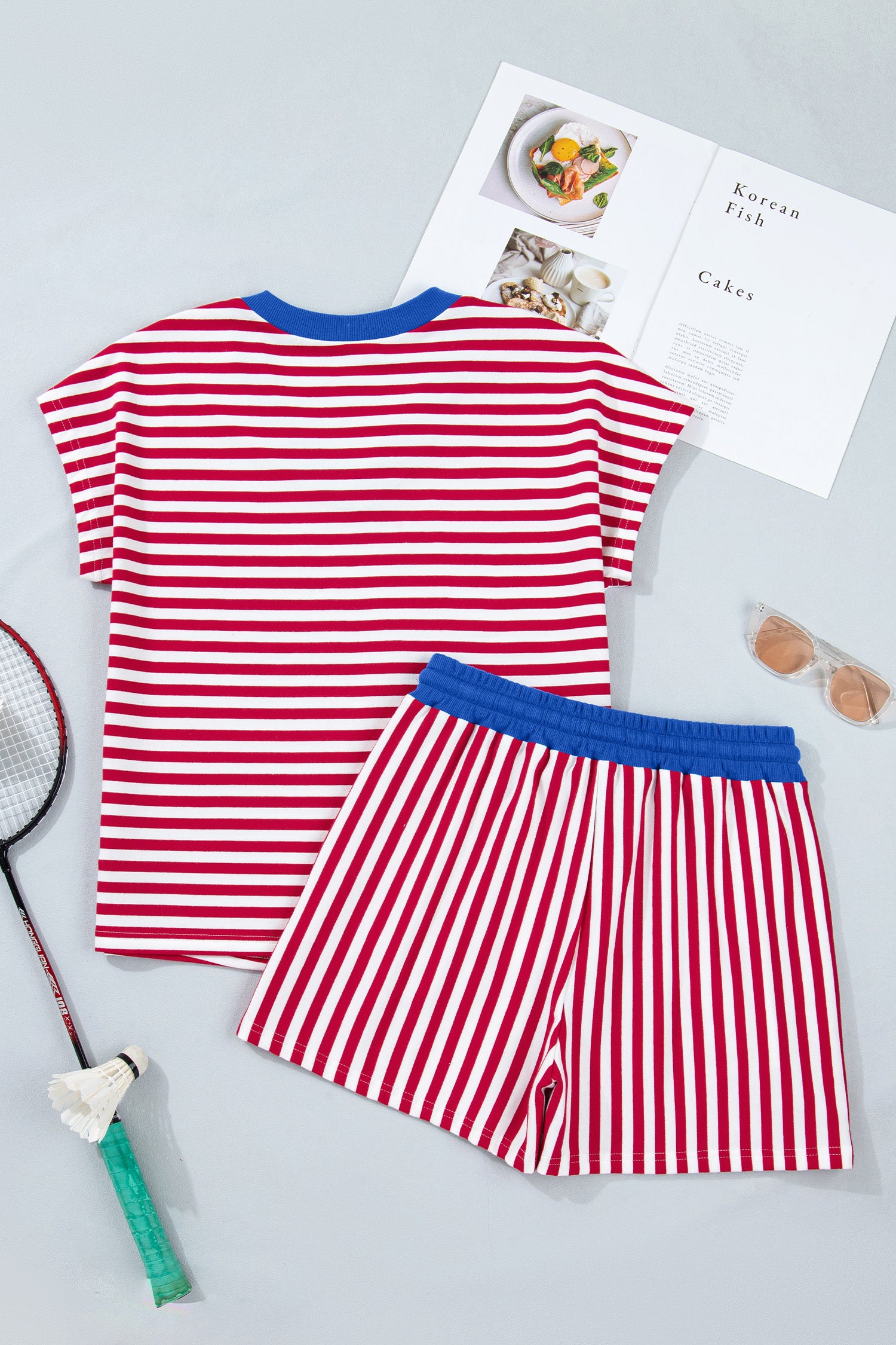 Yellow Stripe Colorblock Trim V Neck Tee Drawstring Elastic Waist Short Set-Two Piece Sets/Short Sets-[Adult]-[Female]-2022 Online Blue Zone Planet