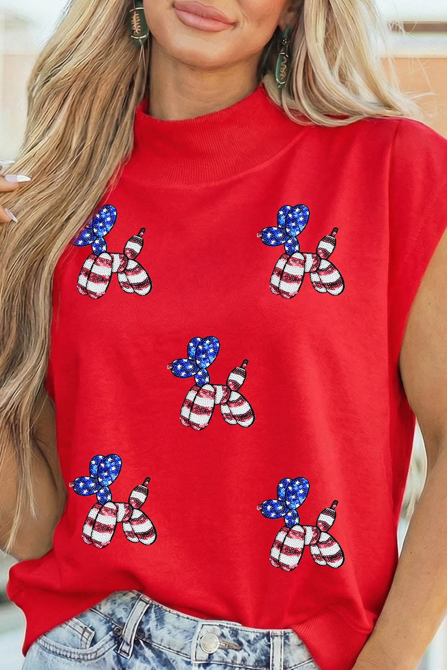 Racing Red Sequin American Flag Balloon Dog High Neck Short Sleeve Top-Graphic/Graphic Tees-[Adult]-[Female]-Racing Red-S-2022 Online Blue Zone Planet