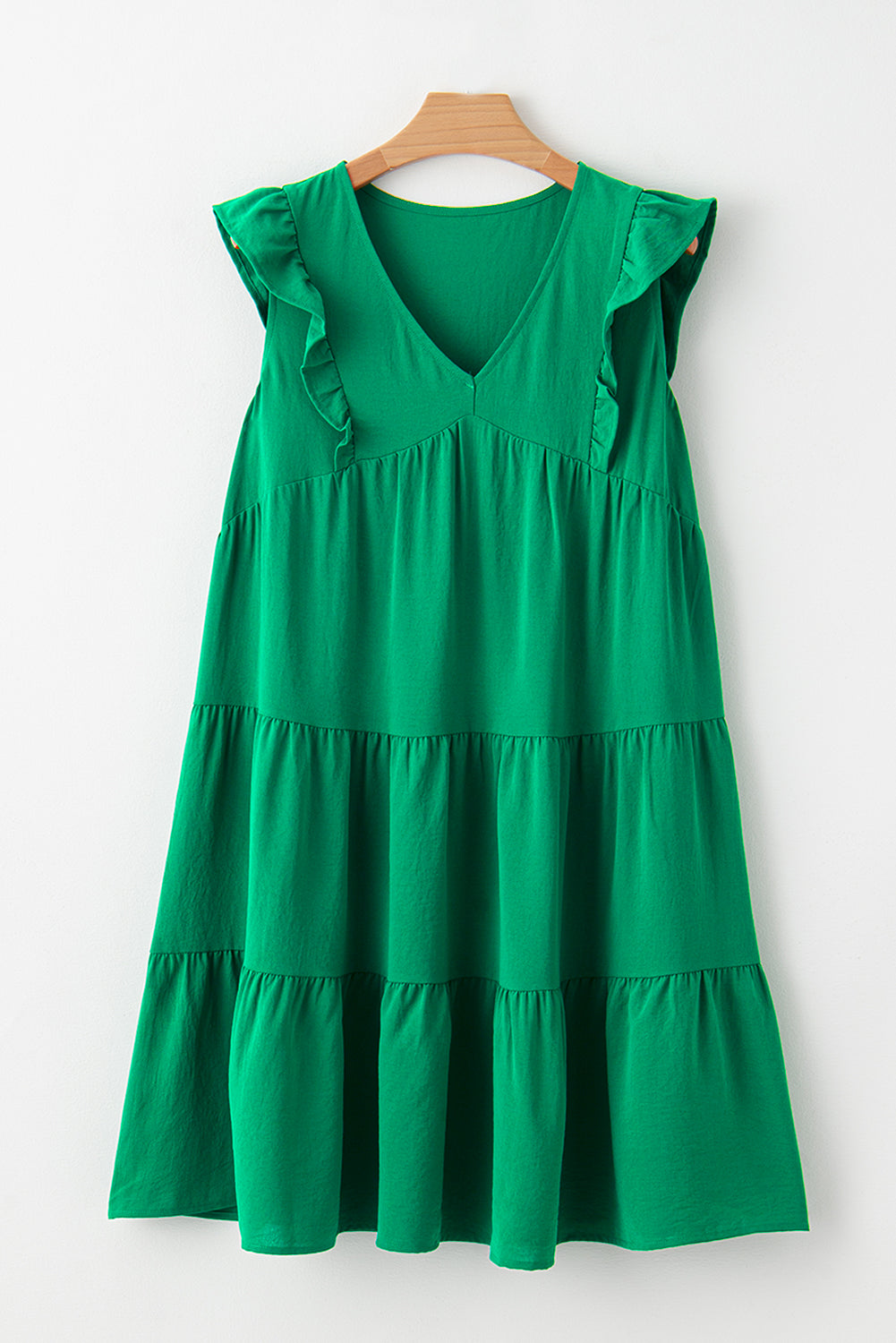 Bright Green Solid Color V Neck Ruffle Tiered Mini Dress Blue Zone Planet