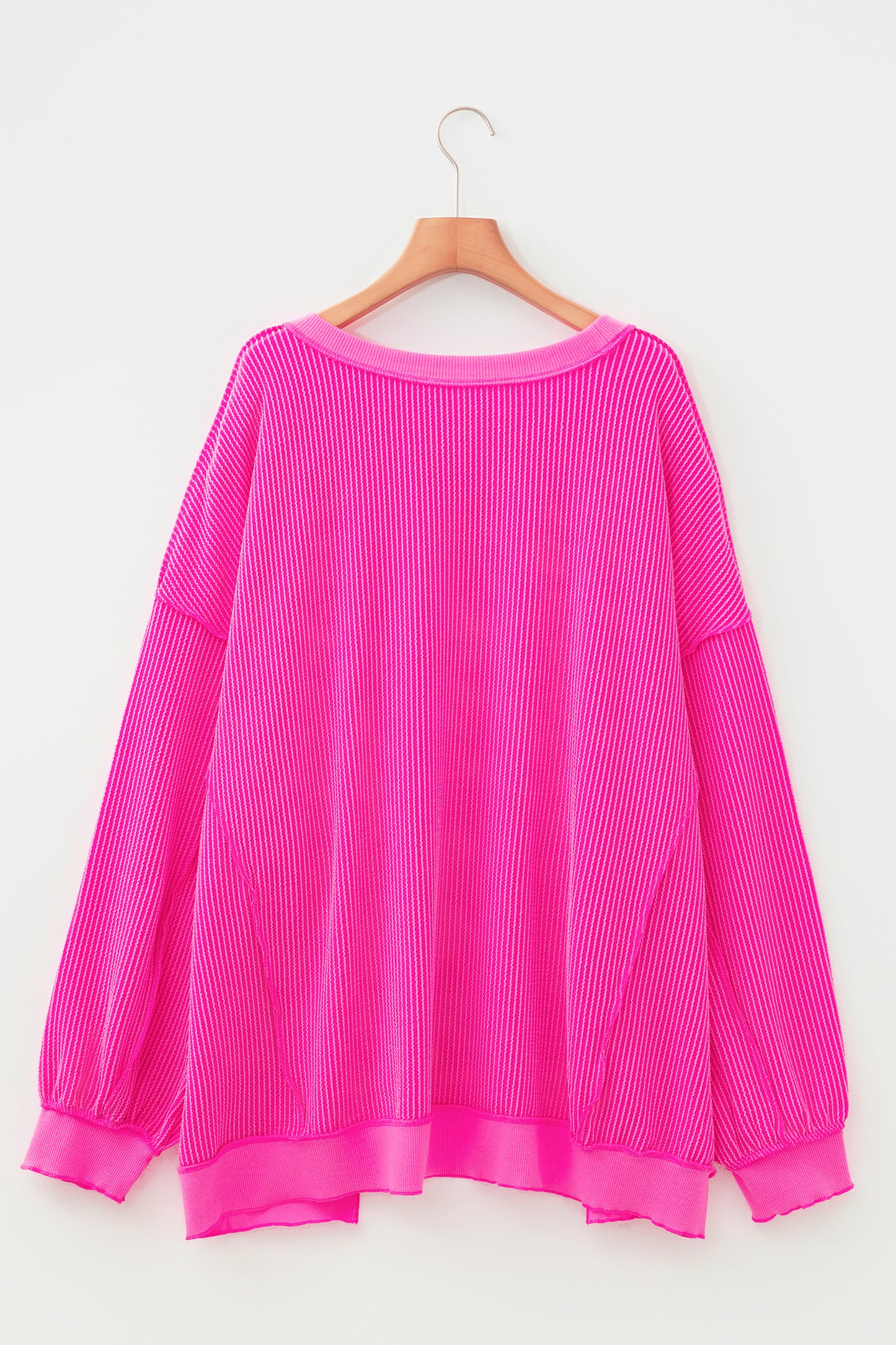 Rose Red Drop Shoulder Uneven Hem Plus Size Twisted Rib Top-Plus Size/Plus Size Tops/Plus Size Long Sleeve Tops-[Adult]-[Female]-2022 Online Blue Zone Planet