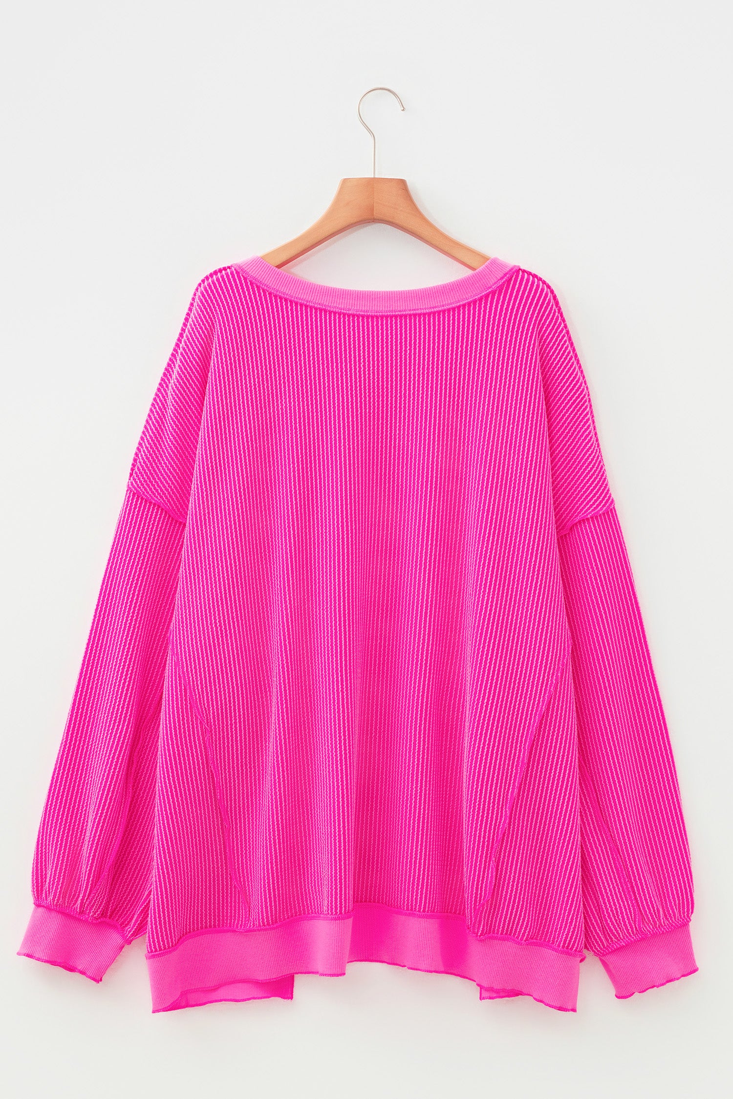 Rose Red Drop Shoulder Uneven Hem Plus Size Twisted Rib Top-Plus Size/Plus Size Tops/Plus Size Long Sleeve Tops-[Adult]-[Female]-2022 Online Blue Zone Planet