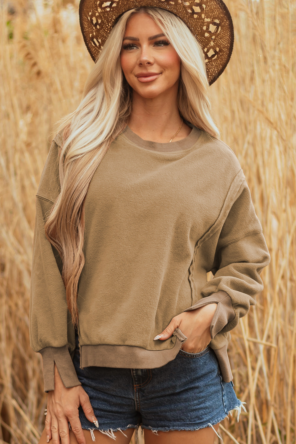 Dark Khaki Fuzzy Sherpa Splicing Pullover Sweatshirt With Side Slit-Tops/Sweatshirts & Hoodies-[Adult]-[Female]-2022 Online Blue Zone Planet