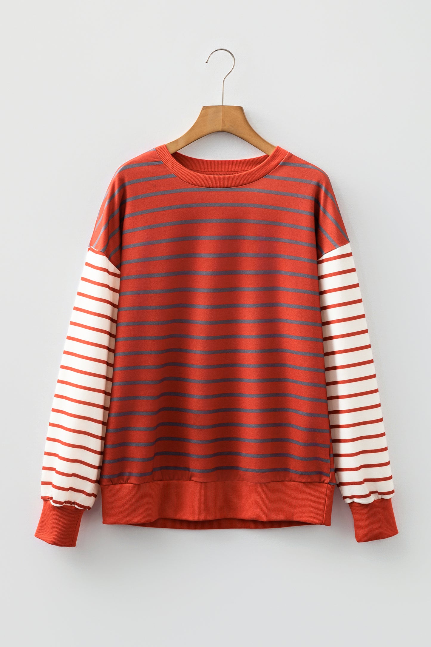 Orange Stripe Contrast Sleeve Patchwork Drop Shoulder Long Sleeve Sweatshirt-Tops/Sweatshirts & Hoodies-[Adult]-[Female]-2022 Online Blue Zone Planet