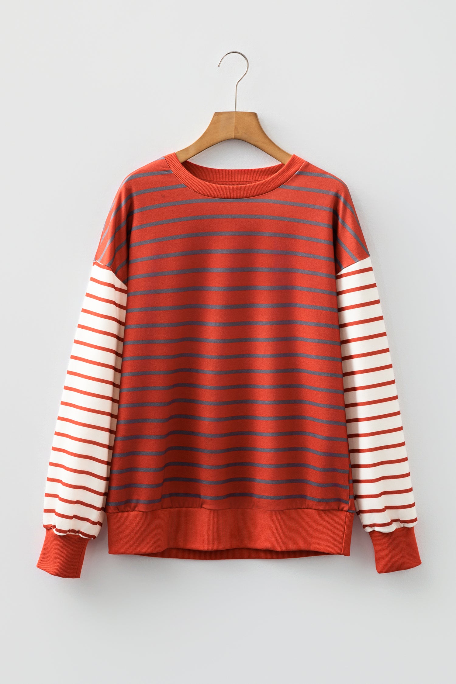 Orange Stripe Contrast Sleeve Patchwork Drop Shoulder Long Sleeve Sweatshirt-Tops/Sweatshirts & Hoodies-[Adult]-[Female]-2022 Online Blue Zone Planet