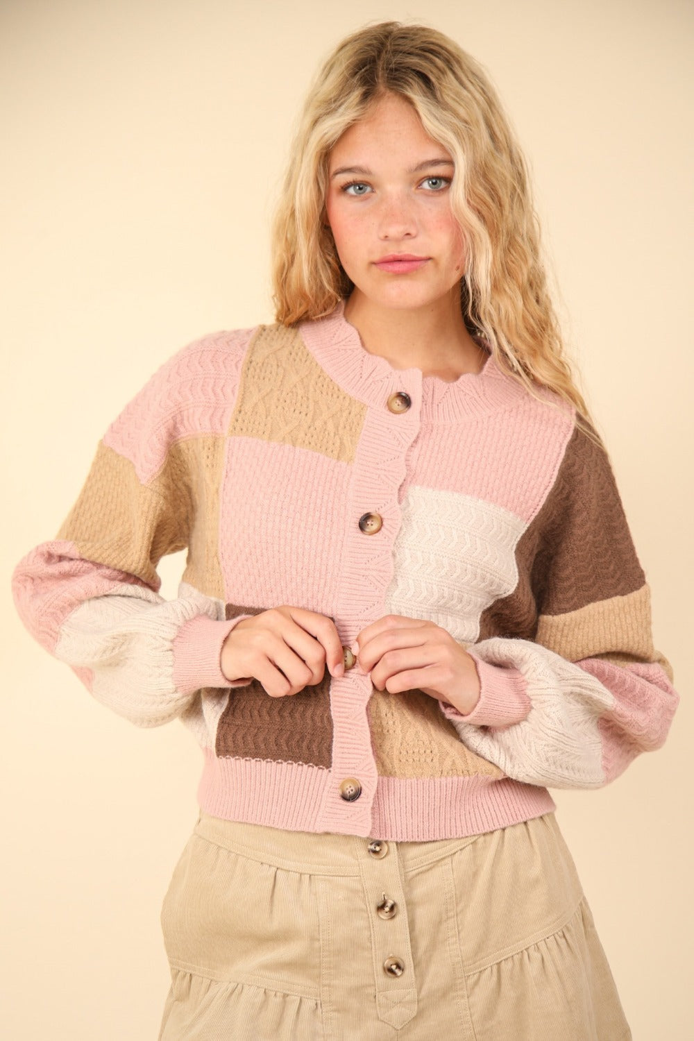 VERY J Color Block Button Down Textured Sweater Cardigan-TOPS / DRESSES-[Adult]-[Female]-2022 Online Blue Zone Planet