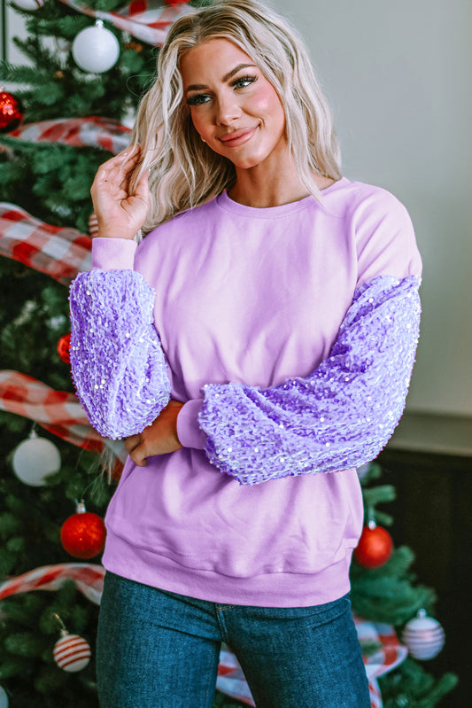 Orchid Petal Sequin Patchwork Long Sleeve Pullover Top-Tops/Long Sleeve Tops-[Adult]-[Female]-Orchid Petal-S-2022 Online Blue Zone Planet