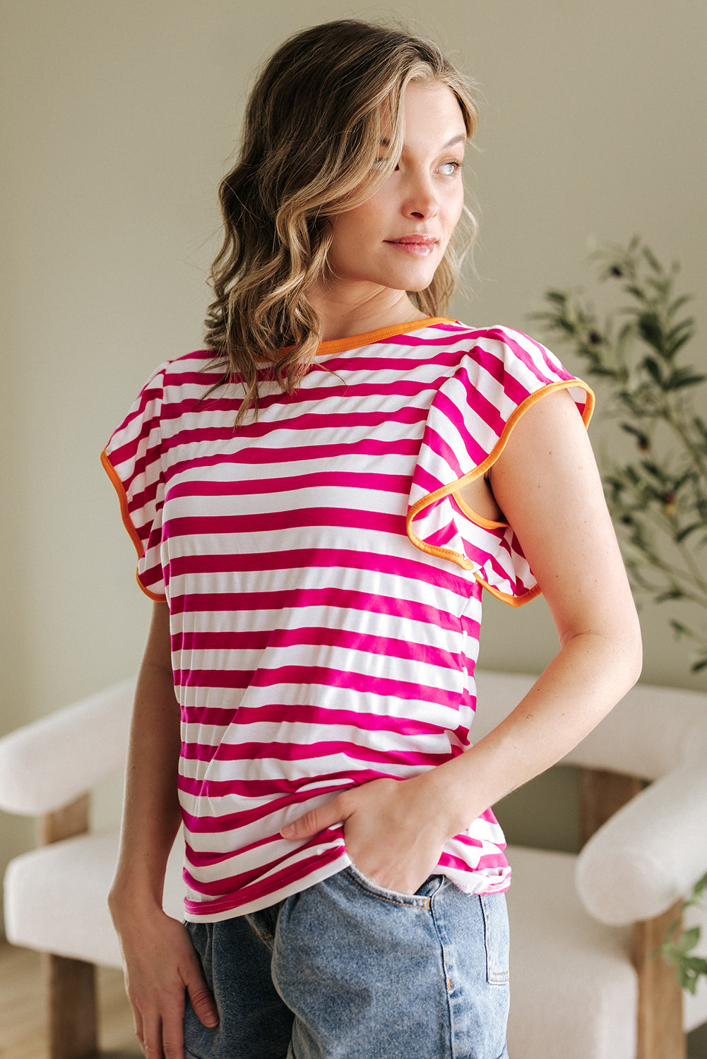 Rose Red Striped Ruffle Sleeve Crew Neck Blouse-Tops/Blouses & Shirts-[Adult]-[Female]-2022 Online Blue Zone Planet