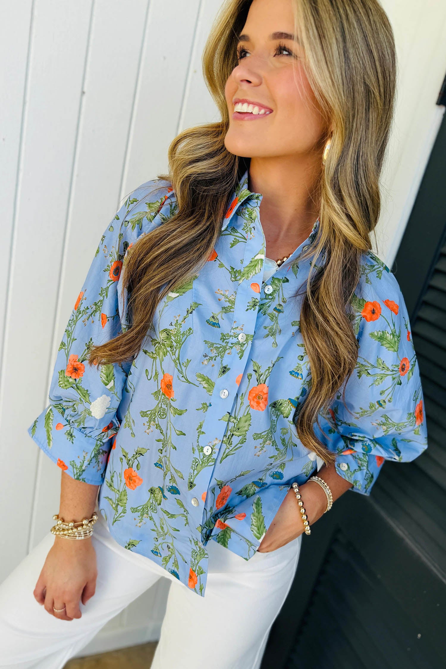 Sky Blue Floral Print Bracelet Sleeve Button Down Casual Shirt-Tops/Blouses & Shirts-[Adult]-[Female]-2022 Online Blue Zone Planet