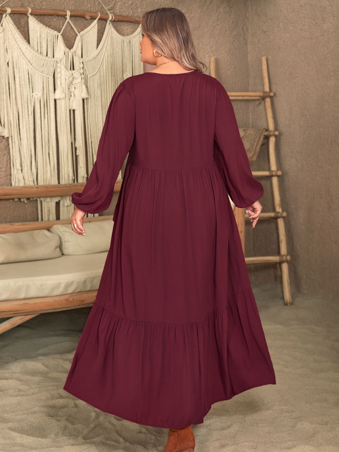 Blue Zone Planet | Plus Size Ruffled V-Neck Long Sleeve Dress-TOPS / DRESSES-[Adult]-[Female]-2022 Online Blue Zone Planet