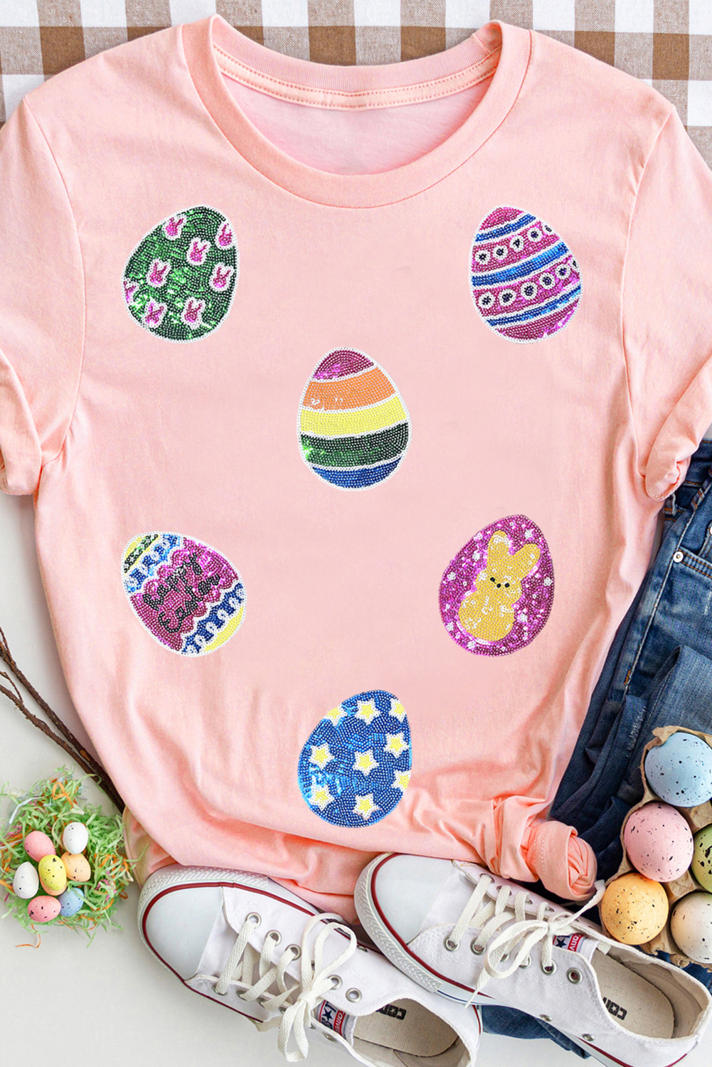 Pink Sequin Easter Eggs Graphic Crewneck T Shirt-Graphic/Graphic Tees-[Adult]-[Female]-2022 Online Blue Zone Planet