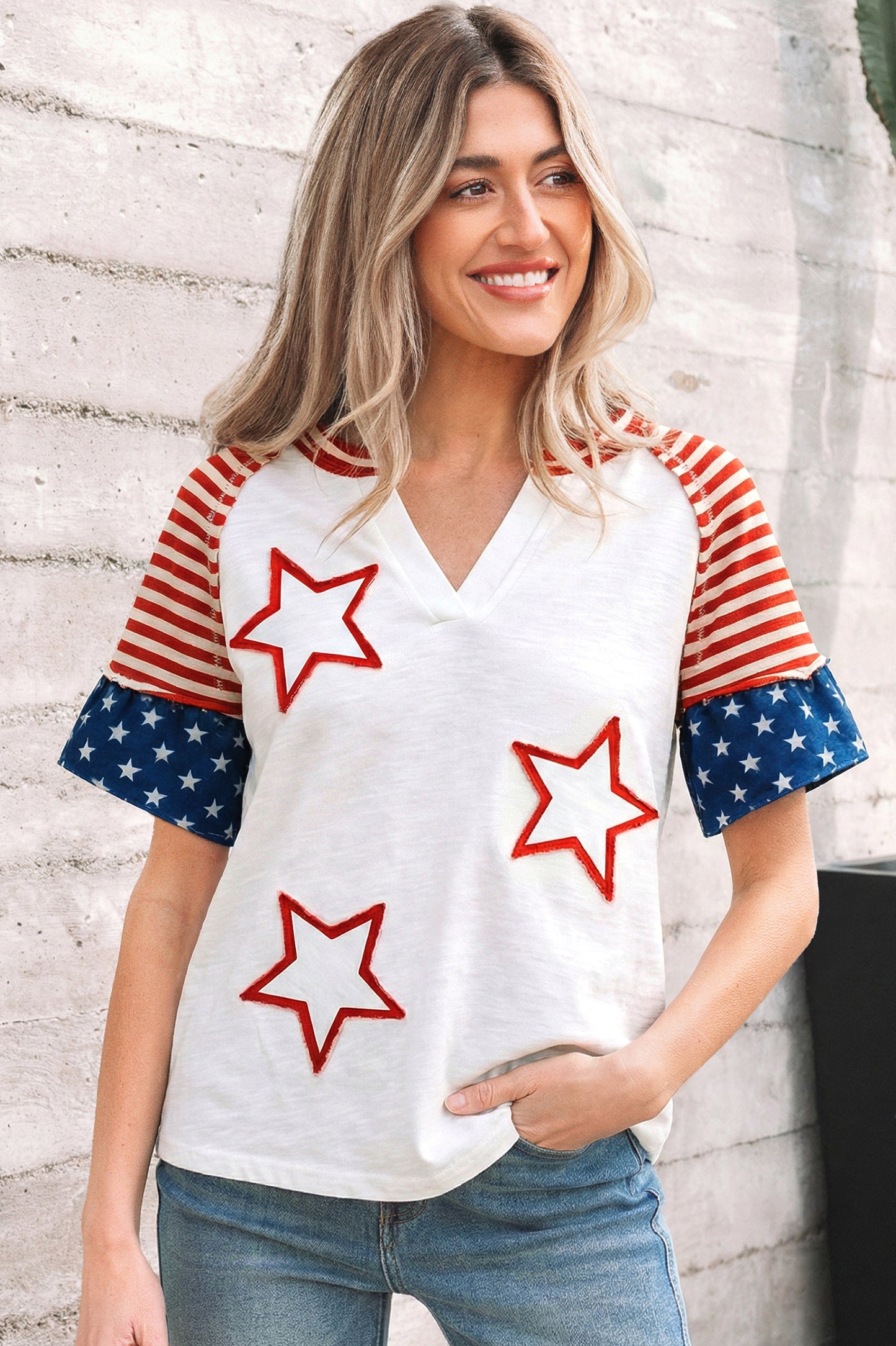 Fiery Red Star Detail Flag Inspired Short Sleeve Top-Tops/Tops & Tees-[Adult]-[Female]-Fiery Red-S-2022 Online Blue Zone Planet