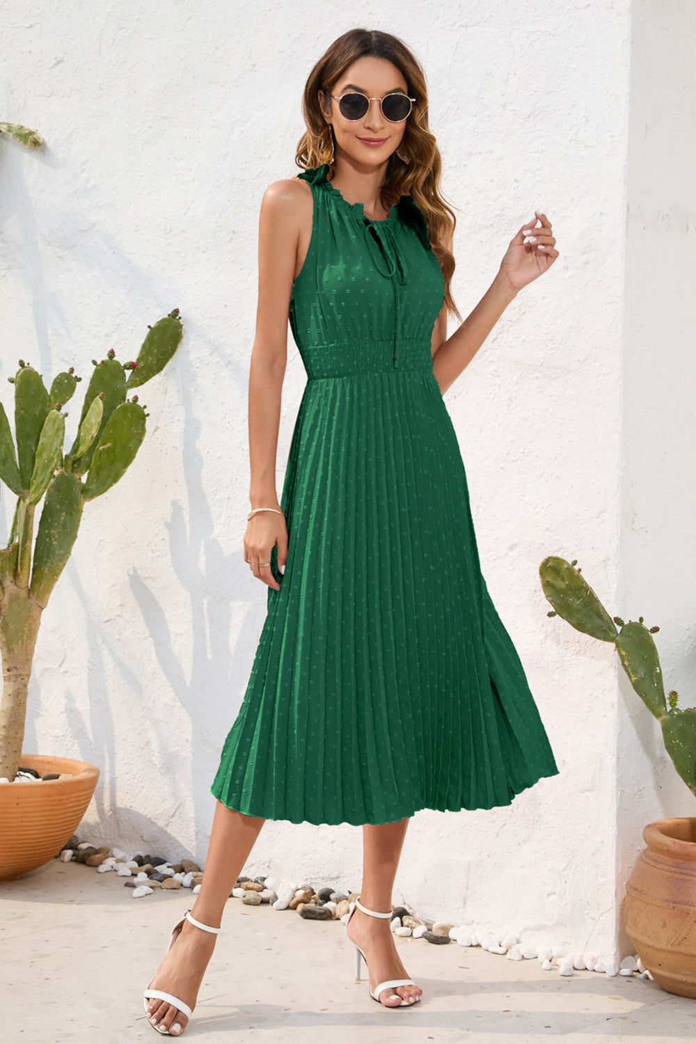 green swiss dot dress Swiss Dot Tie Neck Sleeveless Dress