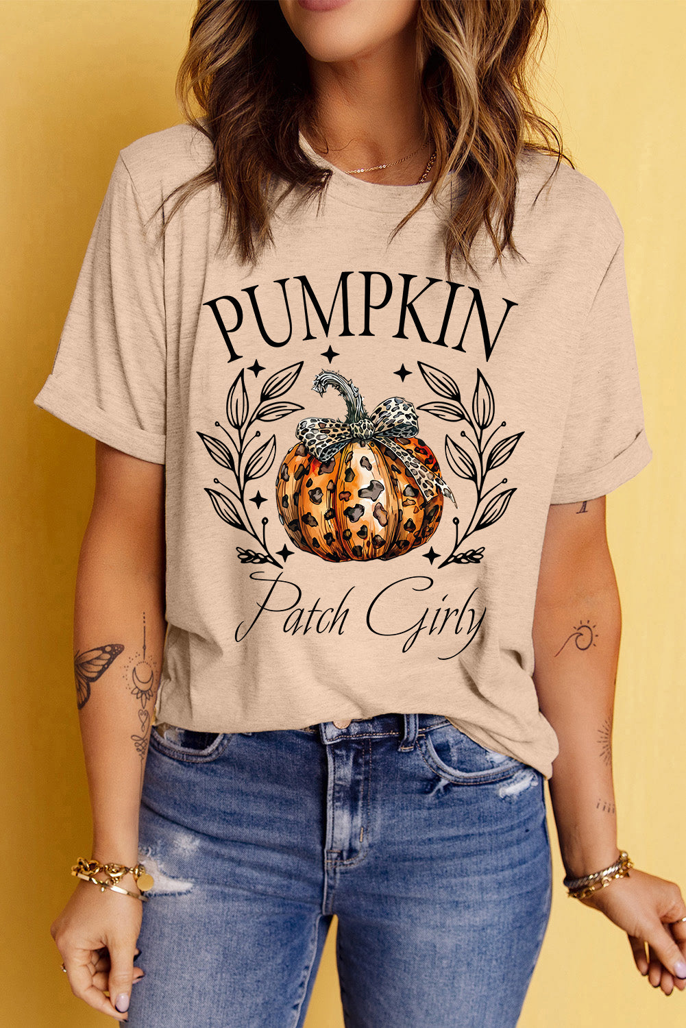 Pumpkin Graphic Round Neck Short Sleeve T-Shirt-TOPS / DRESSES-[Adult]-[Female]-Tan-S-2022 Online Blue Zone Planet