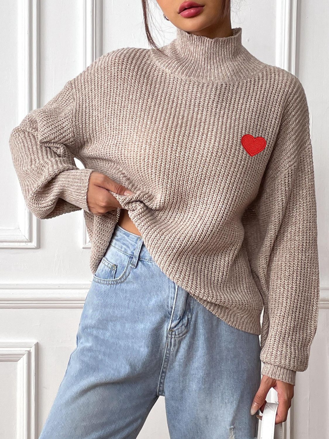 Heart Turtleneck Dropped Shoulder Long Sleeve Sweater-TOPS / DRESSES-[Adult]-[Female]-2022 Online Blue Zone Planet