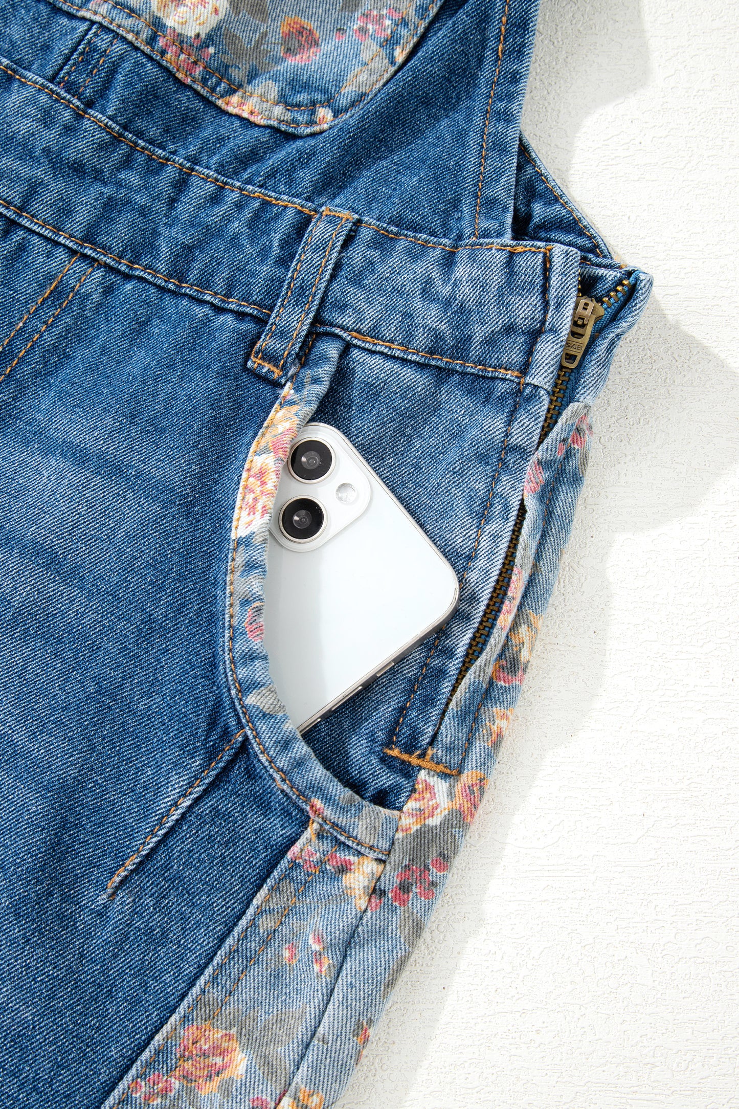 Peacock Blue Floral Patchwork Bib Denim Wide Leg Overalls-Bottoms/Jumpsuits & Rompers-[Adult]-[Female]-2022 Online Blue Zone Planet