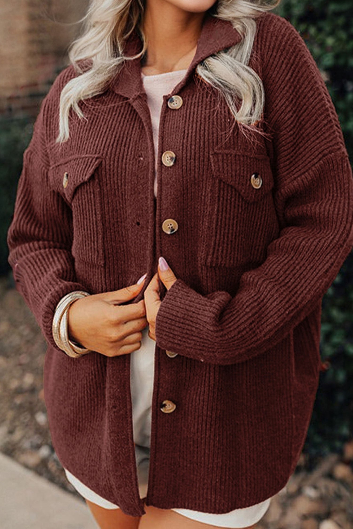 Red Sandalwood Ribbed Knit Buttons Front Flap Pocket Casual Shacket-Outerwear/Jackets-[Adult]-[Female]-2022 Online Blue Zone Planet