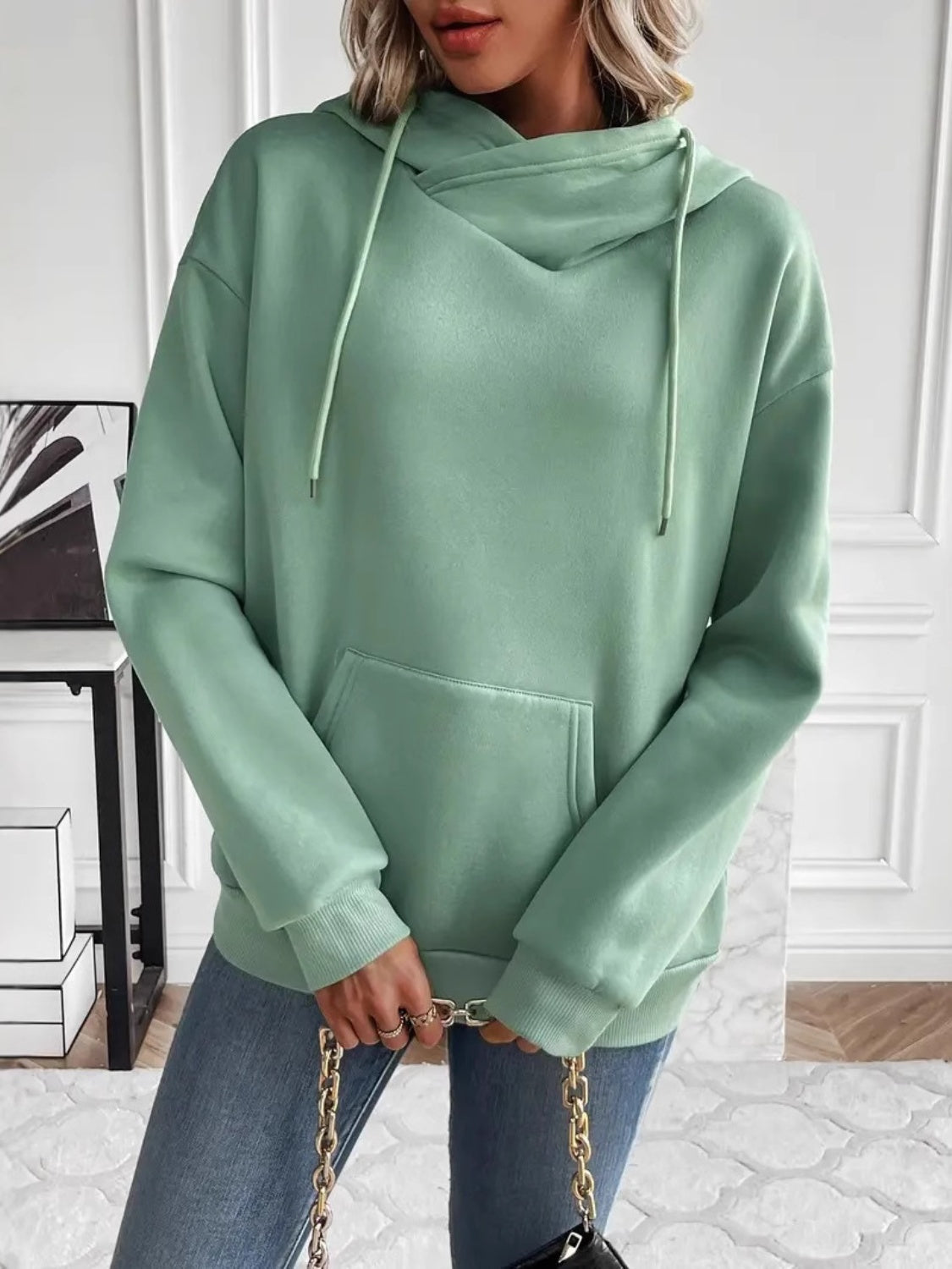 Drawstring Long Sleeve Hoodie with Kangaroo Pocket-TOPS / DRESSES-[Adult]-[Female]-Green-S-2022 Online Blue Zone Planet