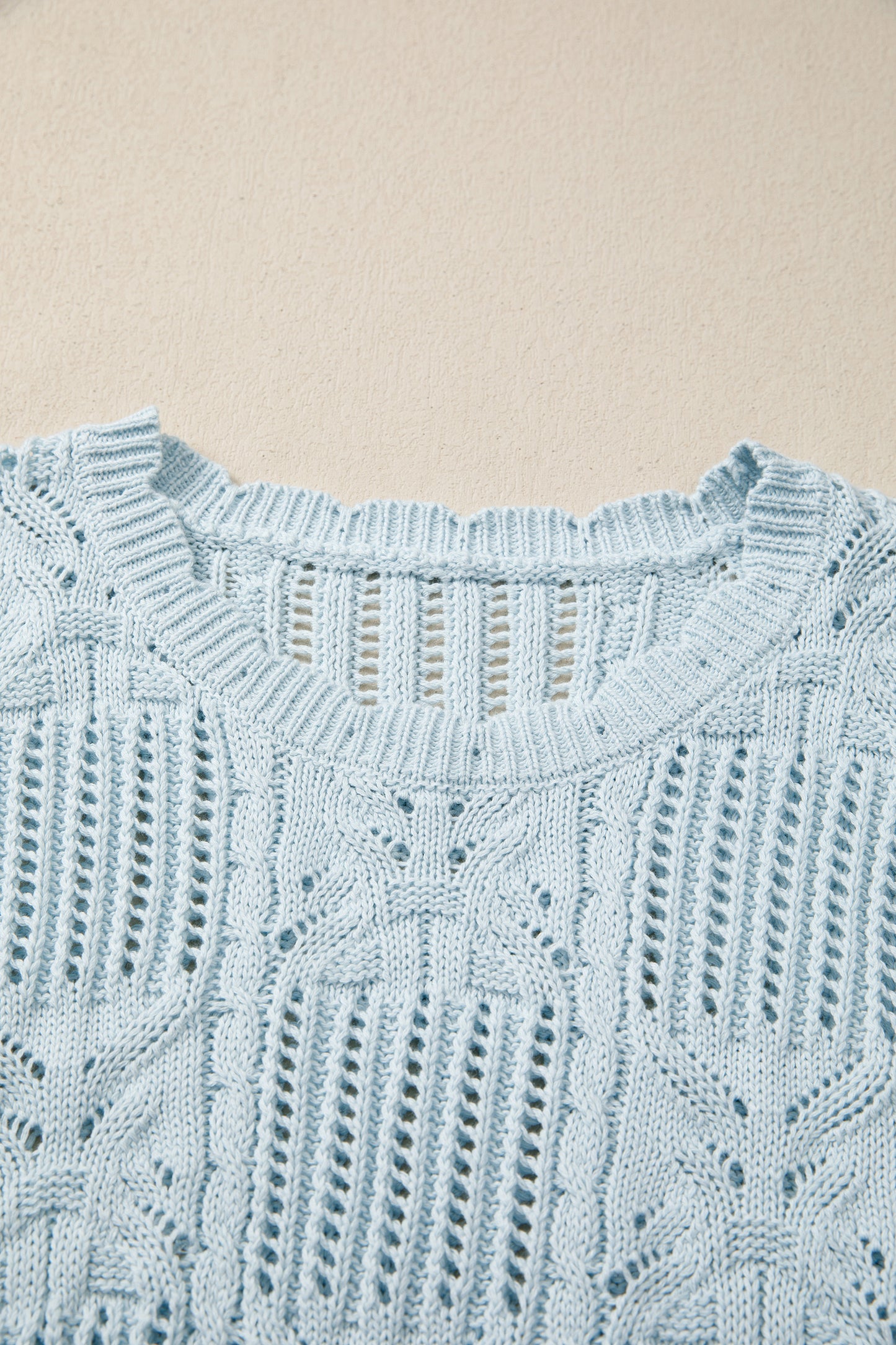 Beau Blue Pointelle Knit Patterned Scalloped Trim Short Sleeve Sweater-TOPS / DRESSES-[Adult]-[Female]-2022 Online Blue Zone Planet