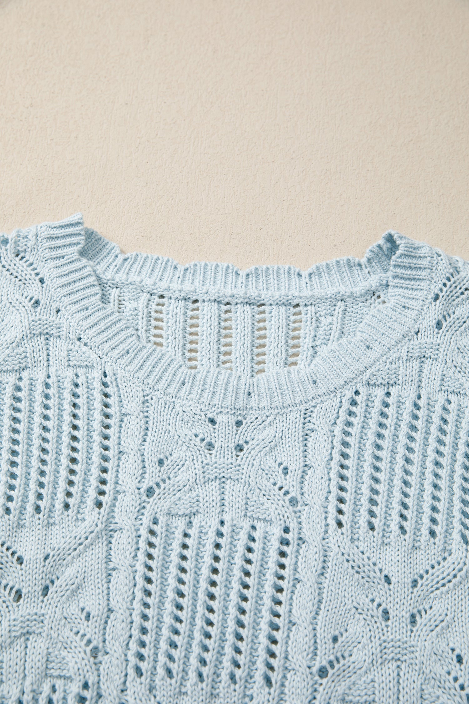 Beau Blue Pointelle Knit Patterned Scalloped Trim Short Sleeve Sweater-TOPS / DRESSES-[Adult]-[Female]-2022 Online Blue Zone Planet