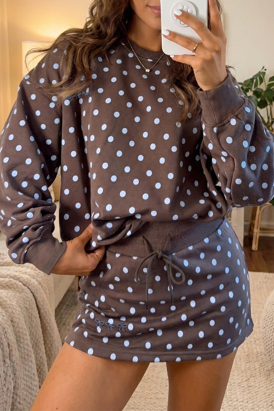 Brown Polka Dot Long Sleeve Pullover Embroidered Bow Detail 2pcs Skort Set-Two Piece Sets/Two Piece Dresses-[Adult]-[Female]-Brown-S-2022 Online Blue Zone Planet