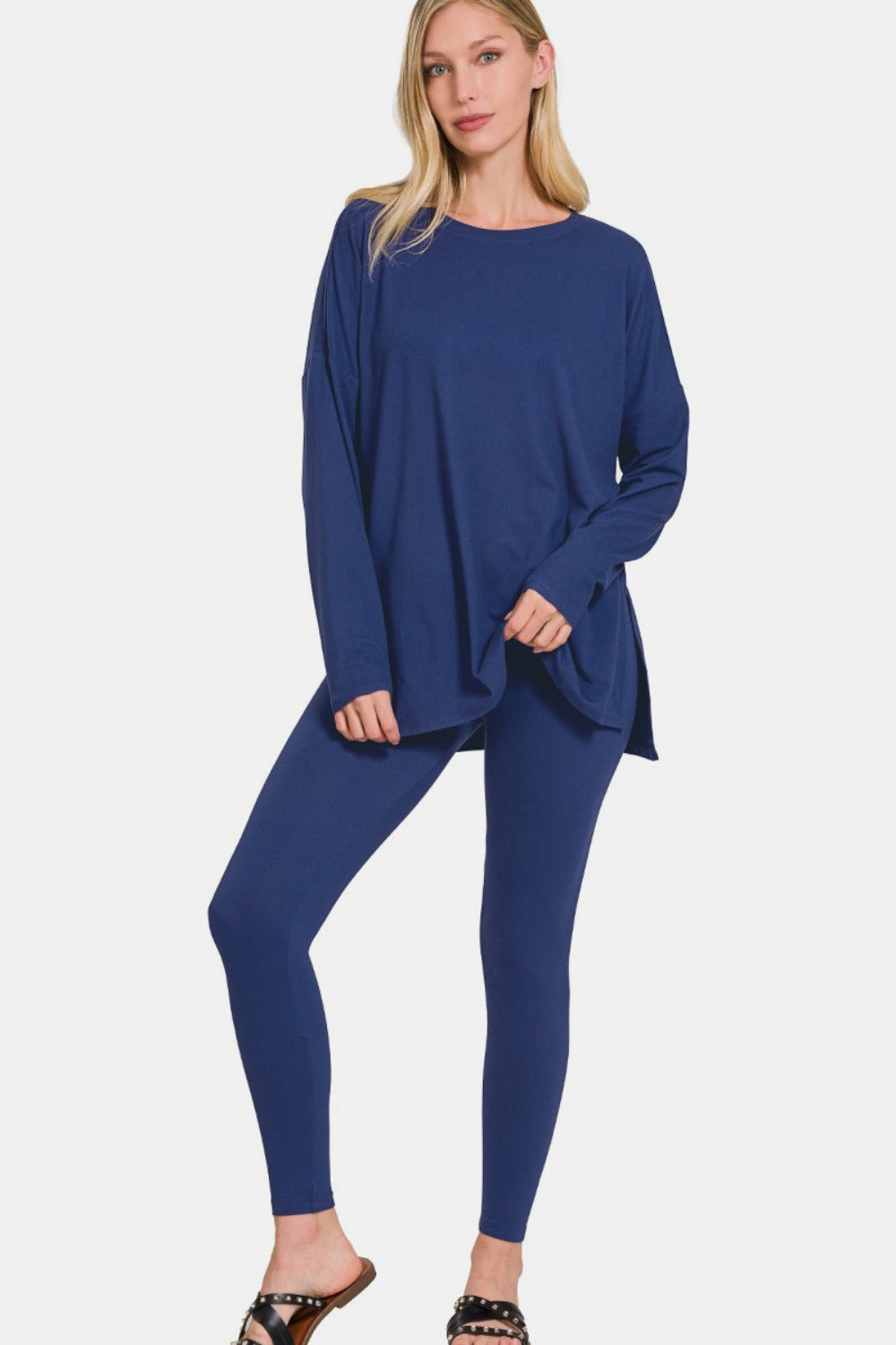 Blue Zone Planet | Zenana Full Size Brushed Microfiber Top and Leggings Lounge Set-TOPS / DRESSES-[Adult]-[Female]-Lt Navy-S-2022 Online Blue Zone Planet