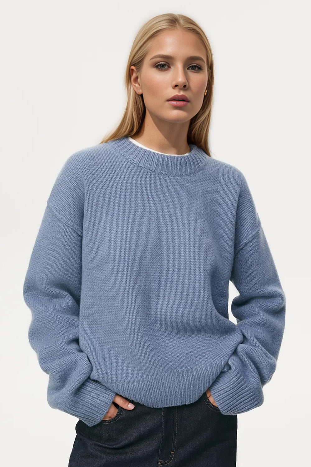 Basic Bae Round Neck Dropped Shoulder Sweater-TOPS / DRESSES-[Adult]-[Female]-Dusty Blue-One Size-2022 Online Blue Zone Planet