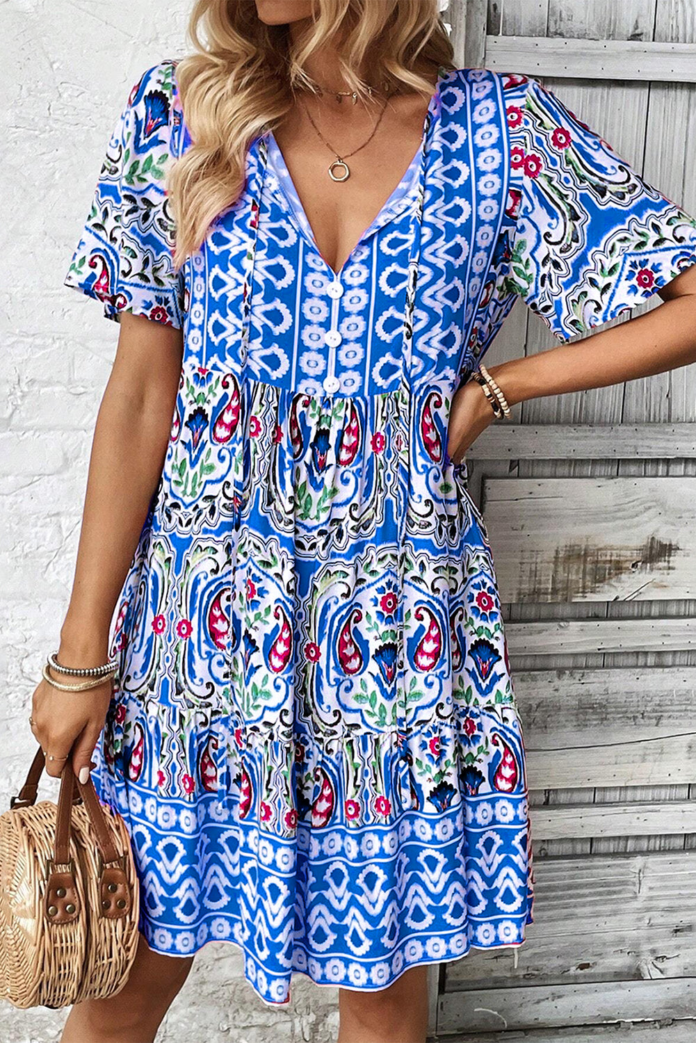 Blue Zone Planet |  Sky Blue Bohemian Print Tie Neck Ruffle Hem Short Dress Blue Zone Planet