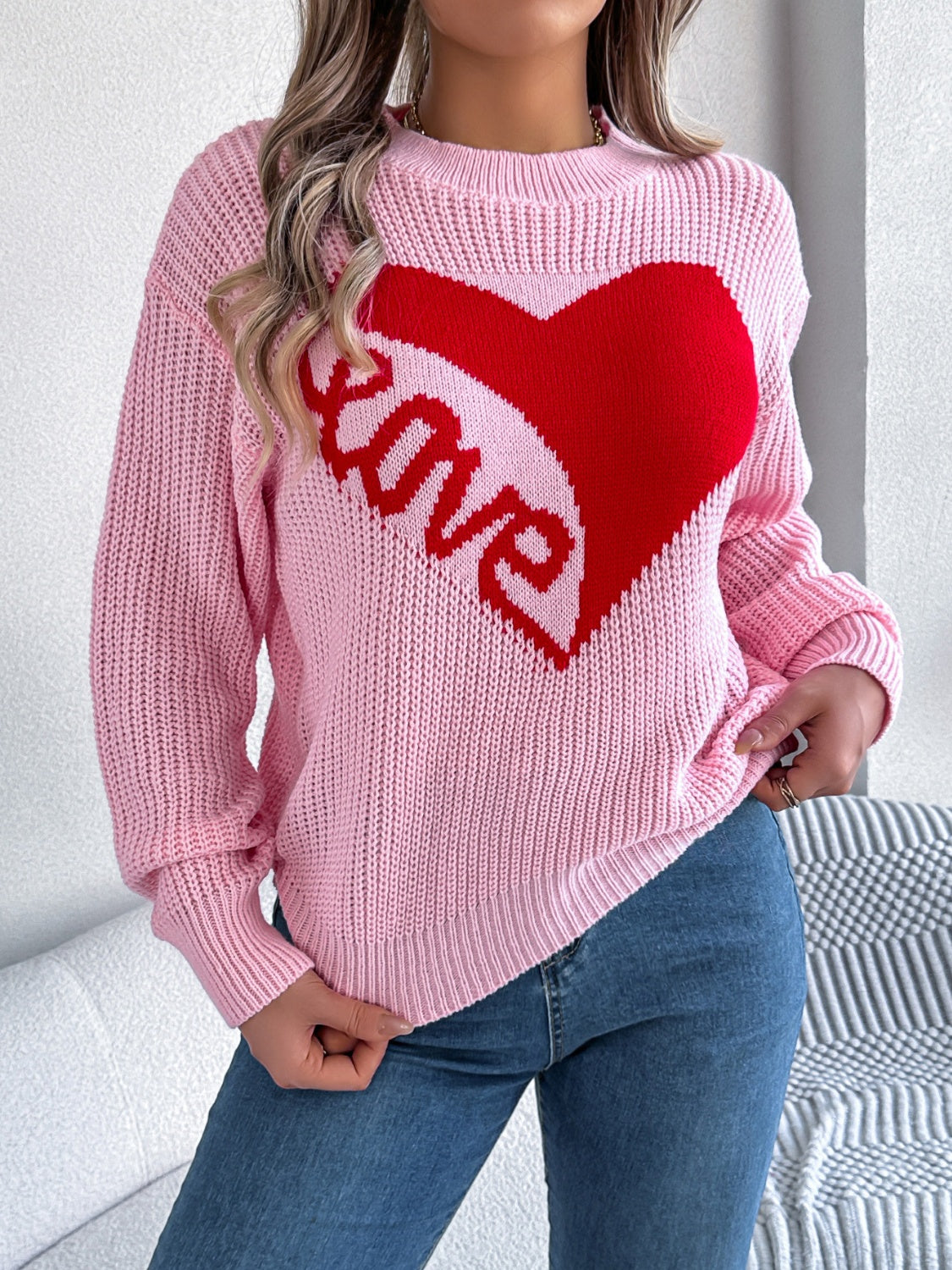 Blue Zone Planet | LOVE Heart Round Neck Dropped Shoulder Sweater-TOPS / DRESSES-[Adult]-[Female]-2022 Online Blue Zone Planet