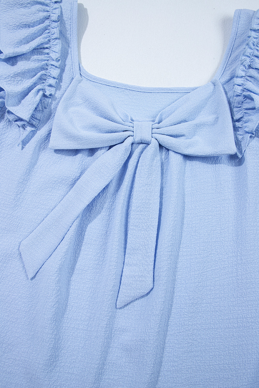 Beau Blue Textured Bow Knot Frilled Butterfly Sleeve Blouse-Tops/Blouses & Shirts-[Adult]-[Female]-2022 Online Blue Zone Planet