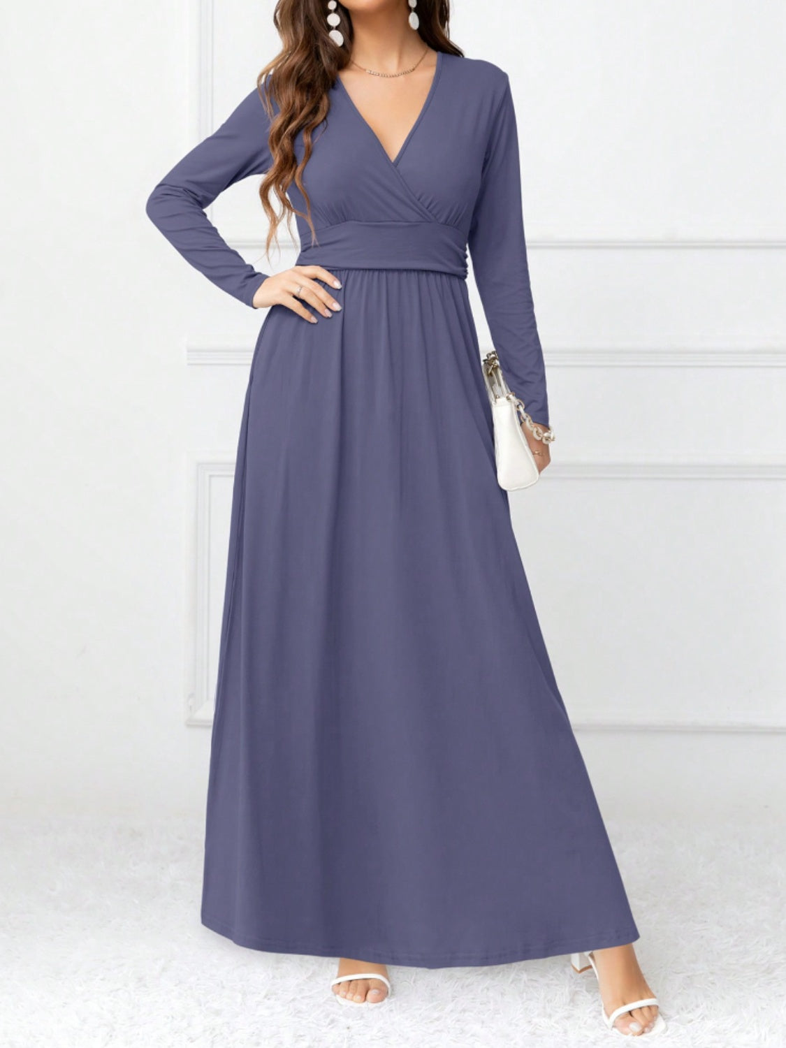 Pocketed Surplice Long Sleeve Maxi Dress-TOPS / DRESSES-[Adult]-[Female]-Dusty Blue-S-2022 Online Blue Zone Planet