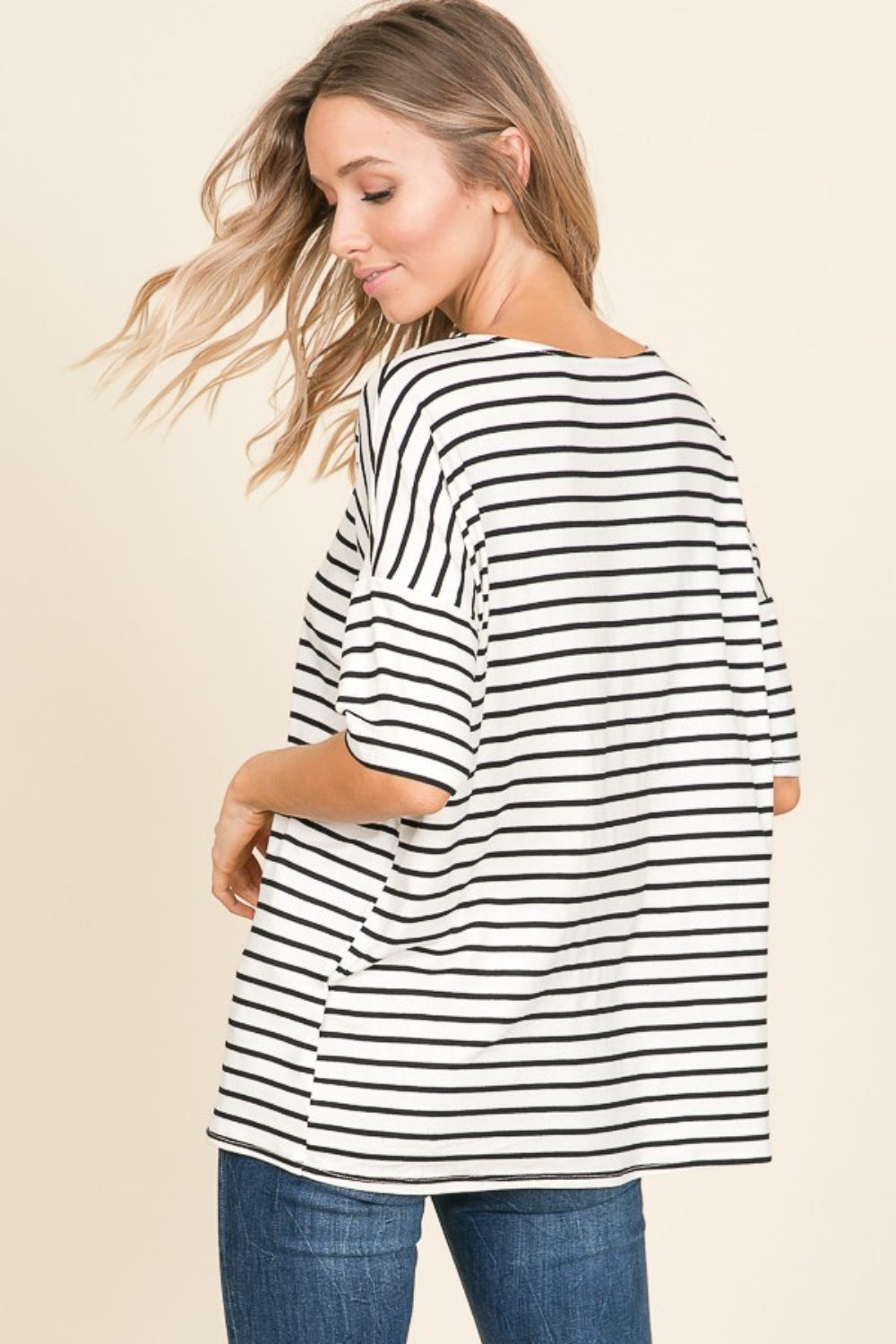 Blue Zone Planet | BOMBOM Striped Round Neck T-Shirt-TOPS / DRESSES-[Adult]-[Female]-2022 Online Blue Zone Planet