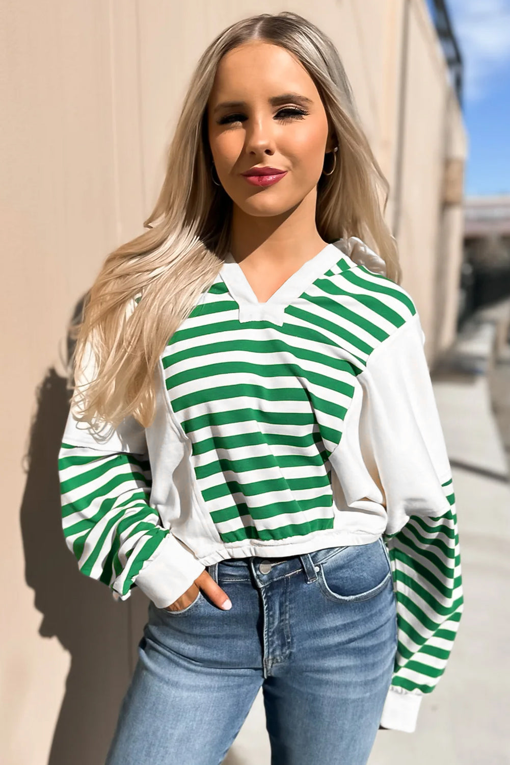 Green Stripe Colorblock Collared V Neck Cropped Knit Pullover-Tops/Long Sleeve Tops-[Adult]-[Female]-2022 Online Blue Zone Planet