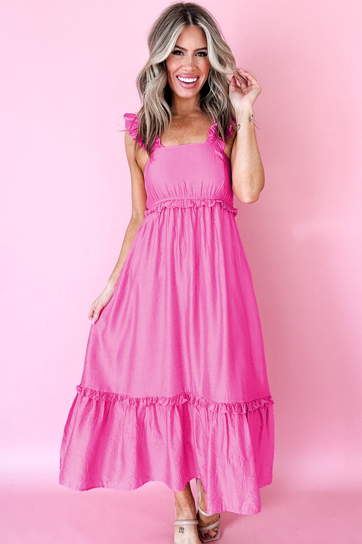 Bonbon Solid Color Ruffle Trim High Waist Sleeveless Maxi Dress-TOPS / DRESSES-[Adult]-[Female]-2022 Online Blue Zone Planet